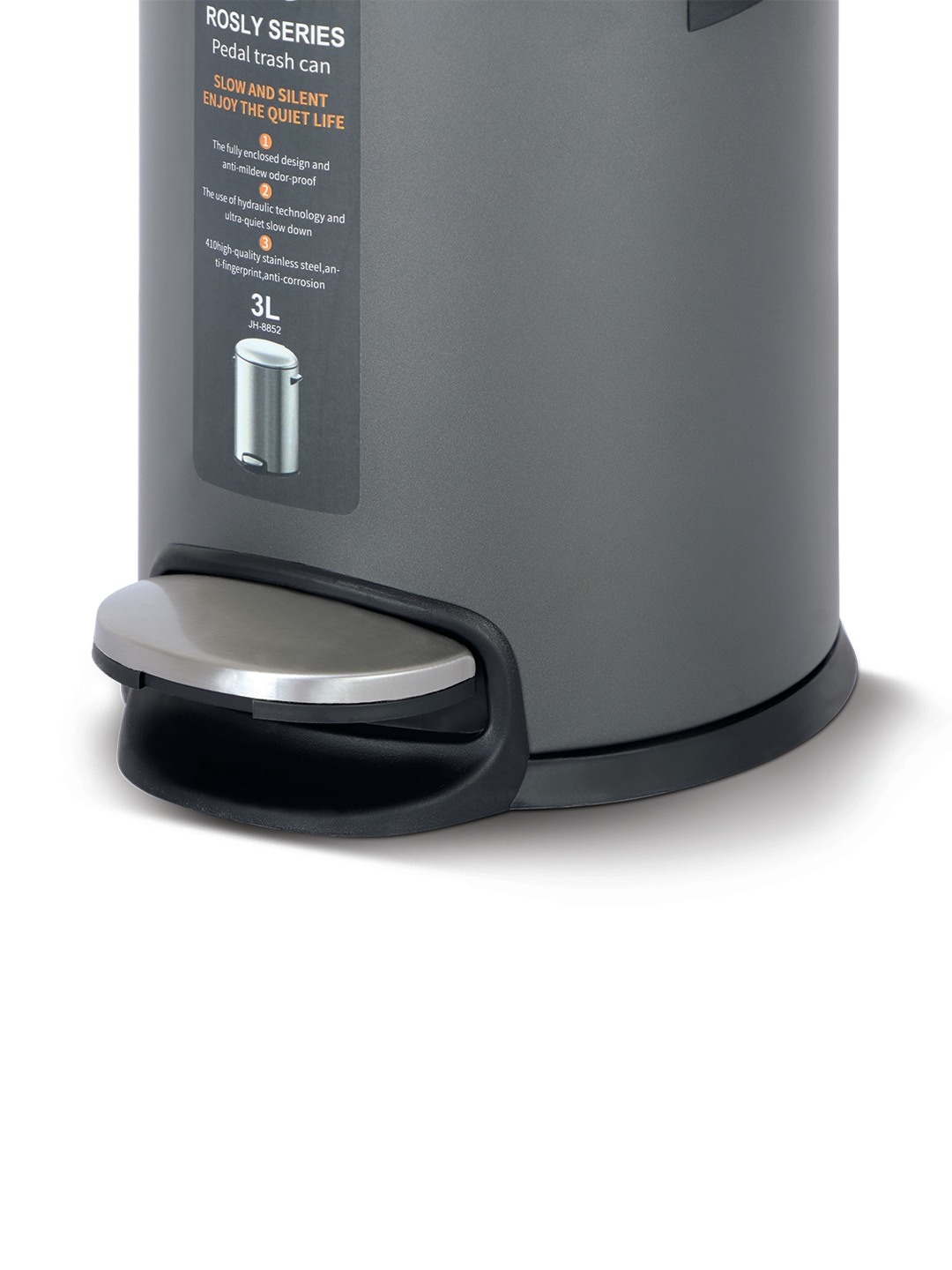 Bellagio Titanium Grey 3L Dustbin 410High-Quality Stainless Steel Pedal Trash Can/DustBin With Plastic Bucket