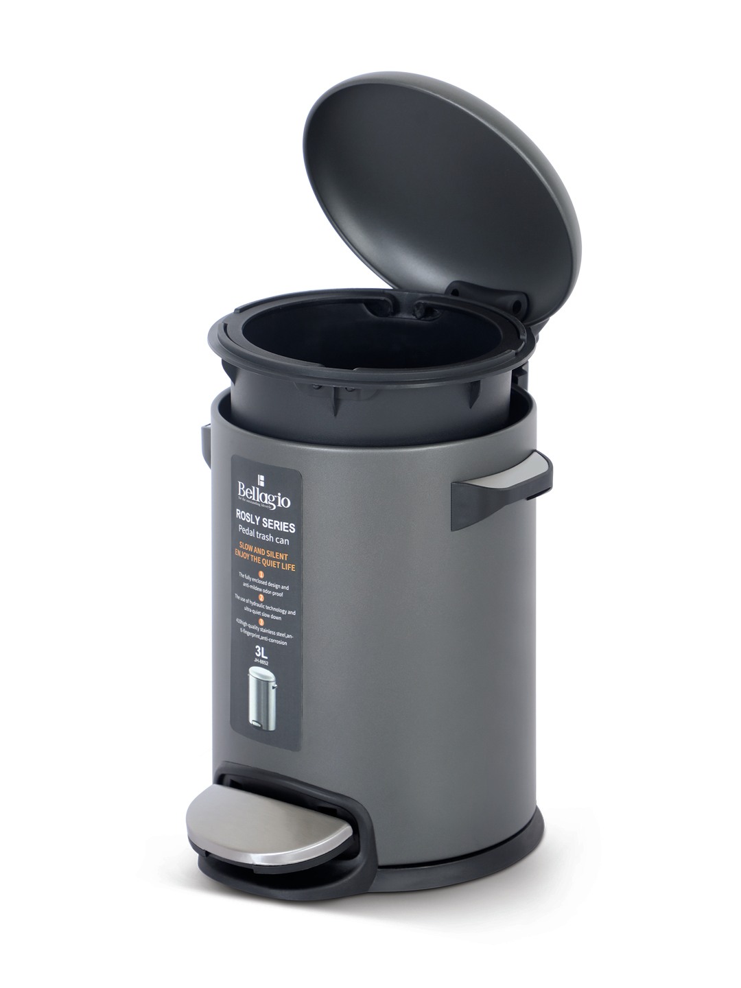 Bellagio Titanium Grey 3L Dustbin 410High-Quality Stainless Steel Pedal Trash Can/DustBin With Plastic Bucket