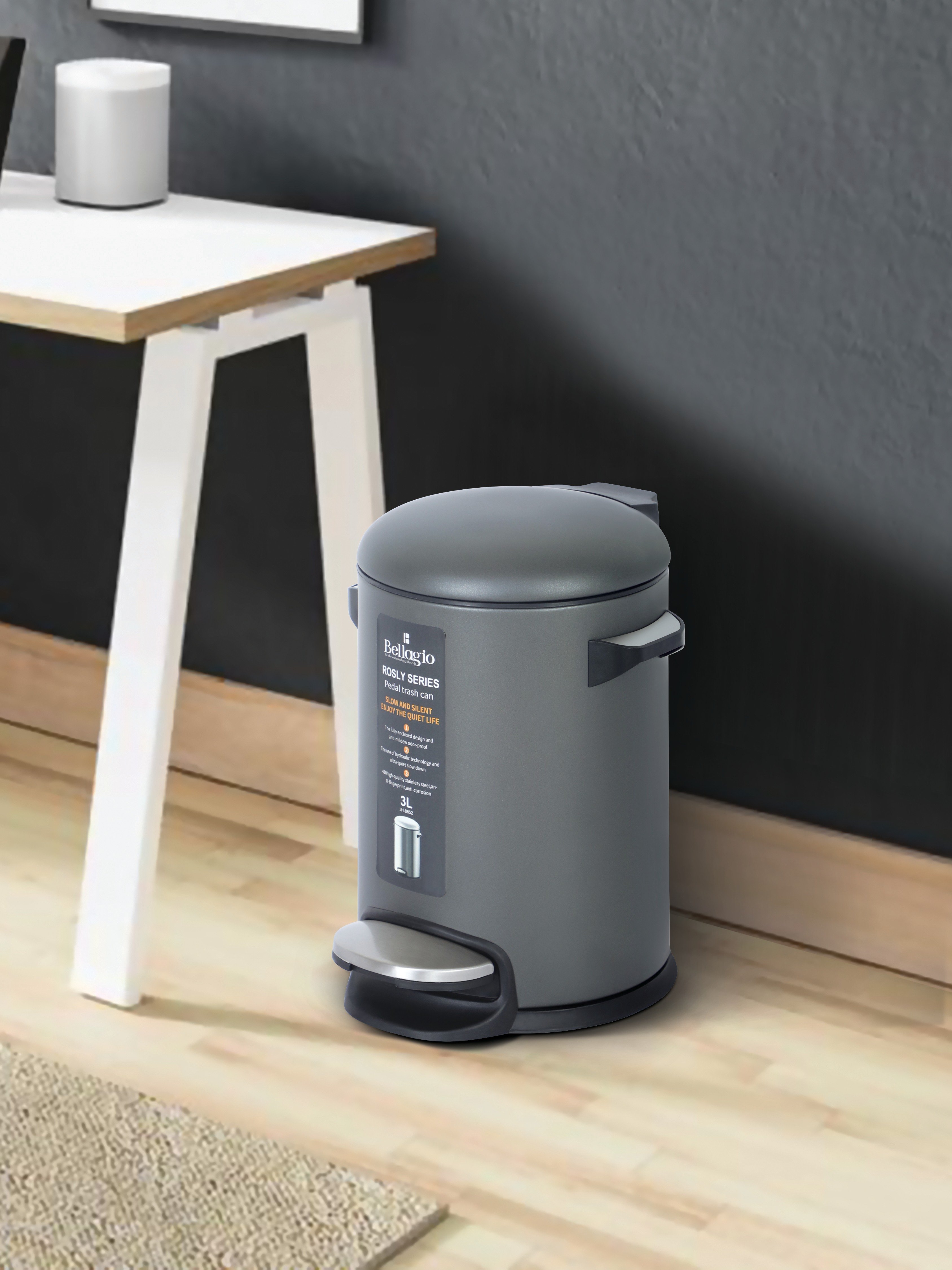 Bellagio Titanium Grey 3L Dustbin 410High-Quality Stainless Steel Pedal Trash Can/DustBin With Plastic Bucket