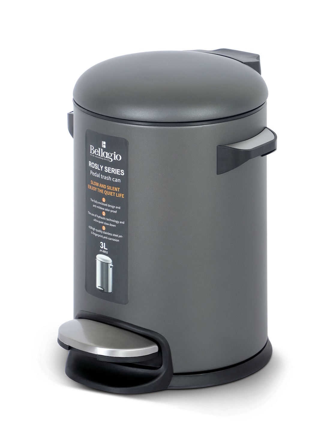Bellagio Titanium Grey 3L Dustbin 410High-Quality Stainless Steel Pedal Trash Can/DustBin With Plastic Bucket