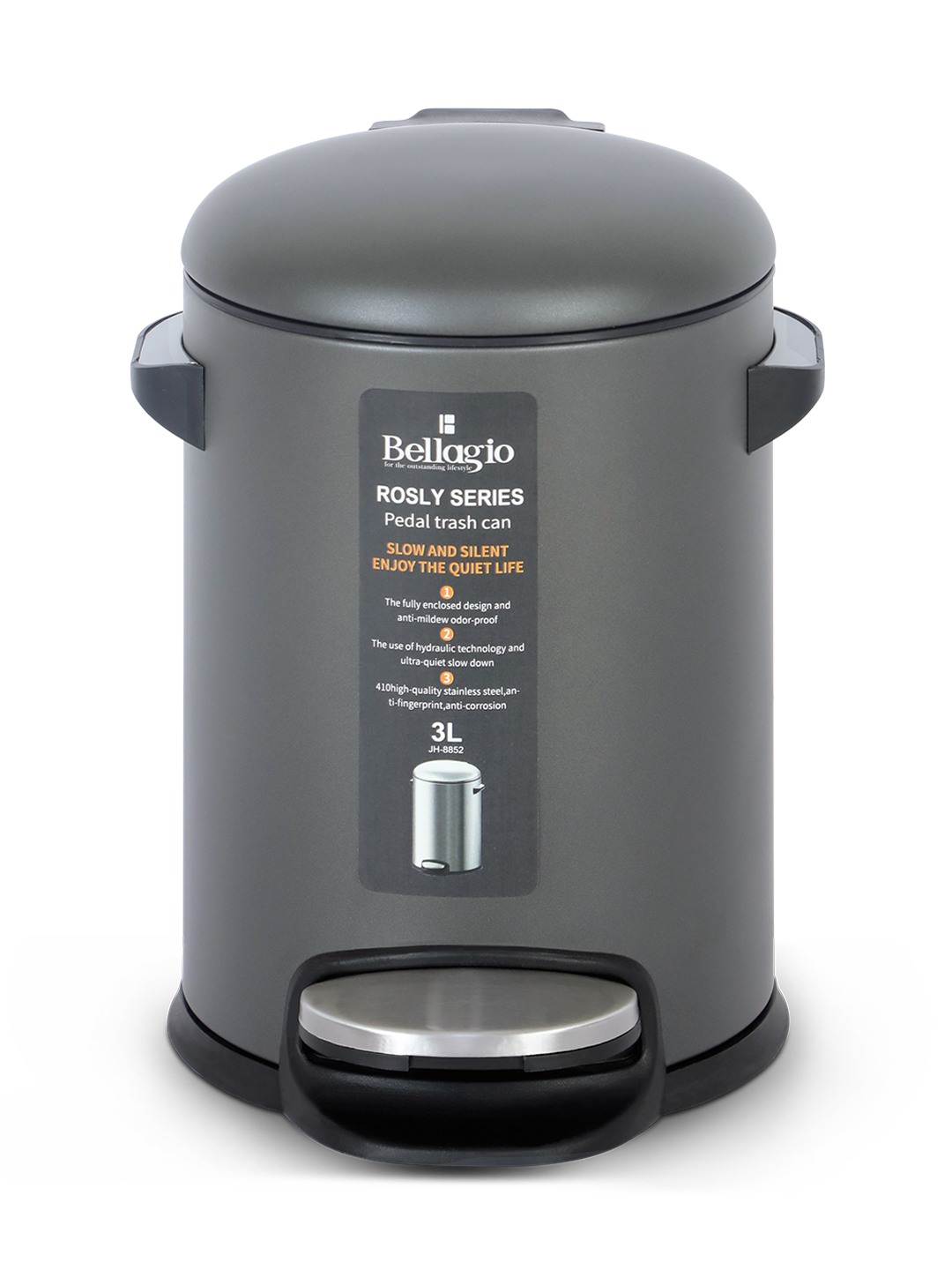 Bellagio Titanium Grey 3L Dustbin 410High-Quality Stainless Steel Pedal Trash Can/DustBin With Plastic Bucket
