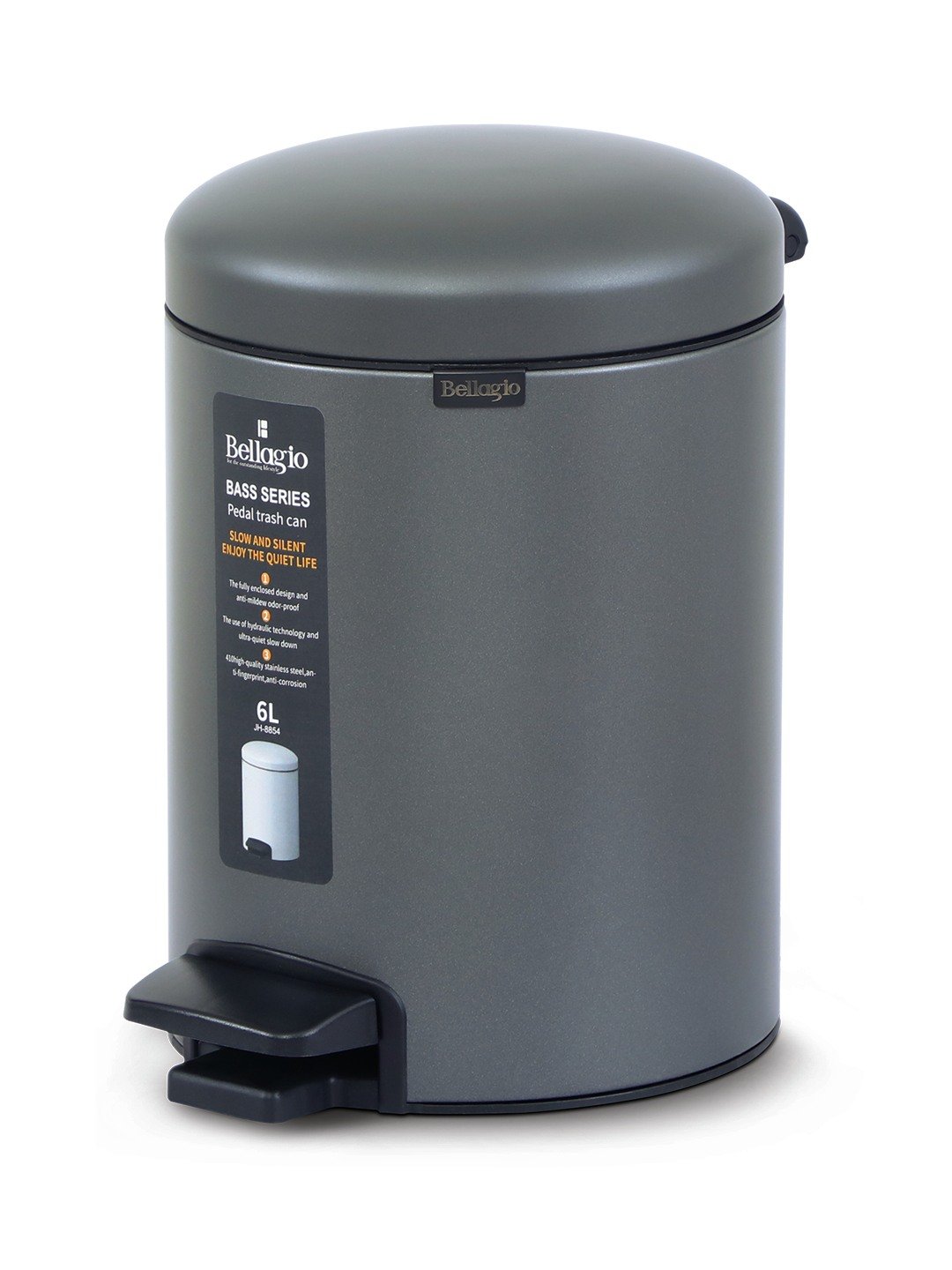 Bellagio Titanium Grey 6L Dustbin 410High-Quality Stainless Steel Pedal Trash Can/DustBin With Plastic Bucket