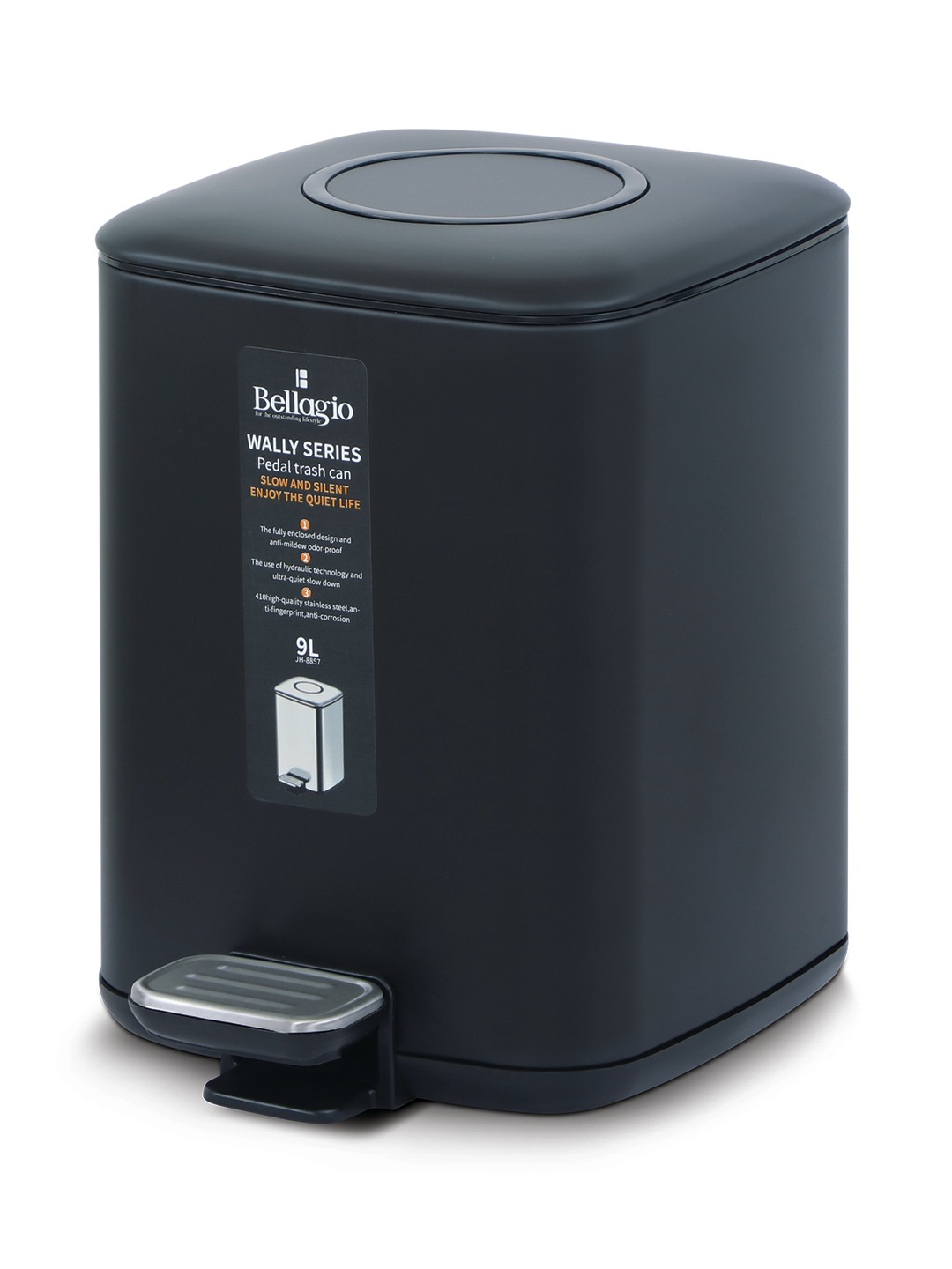 Bellagio Black 9L Dustbin 410High-Quality Stainless Steel Pedal Trash Can/DustBin With Plastic Bucket