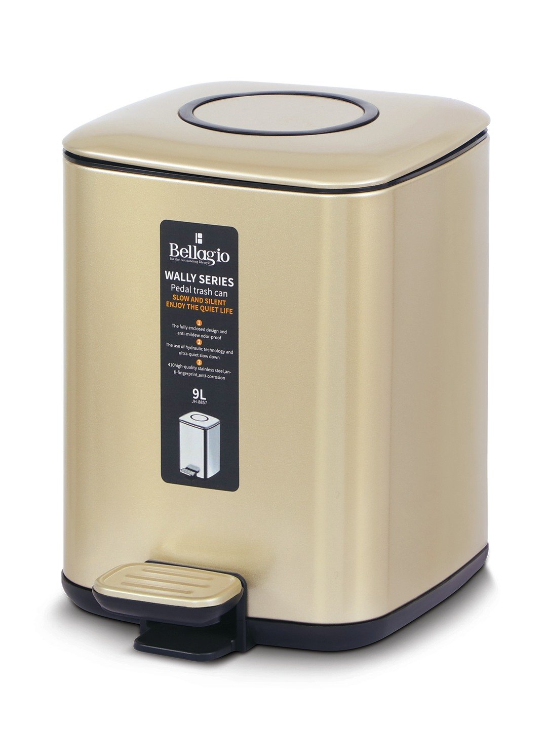 Bellagio Champagne Gold 9L Dustbin 410High-Quality Stainless Steel Pedal Trash Can/DustBin With Plastic Bucket