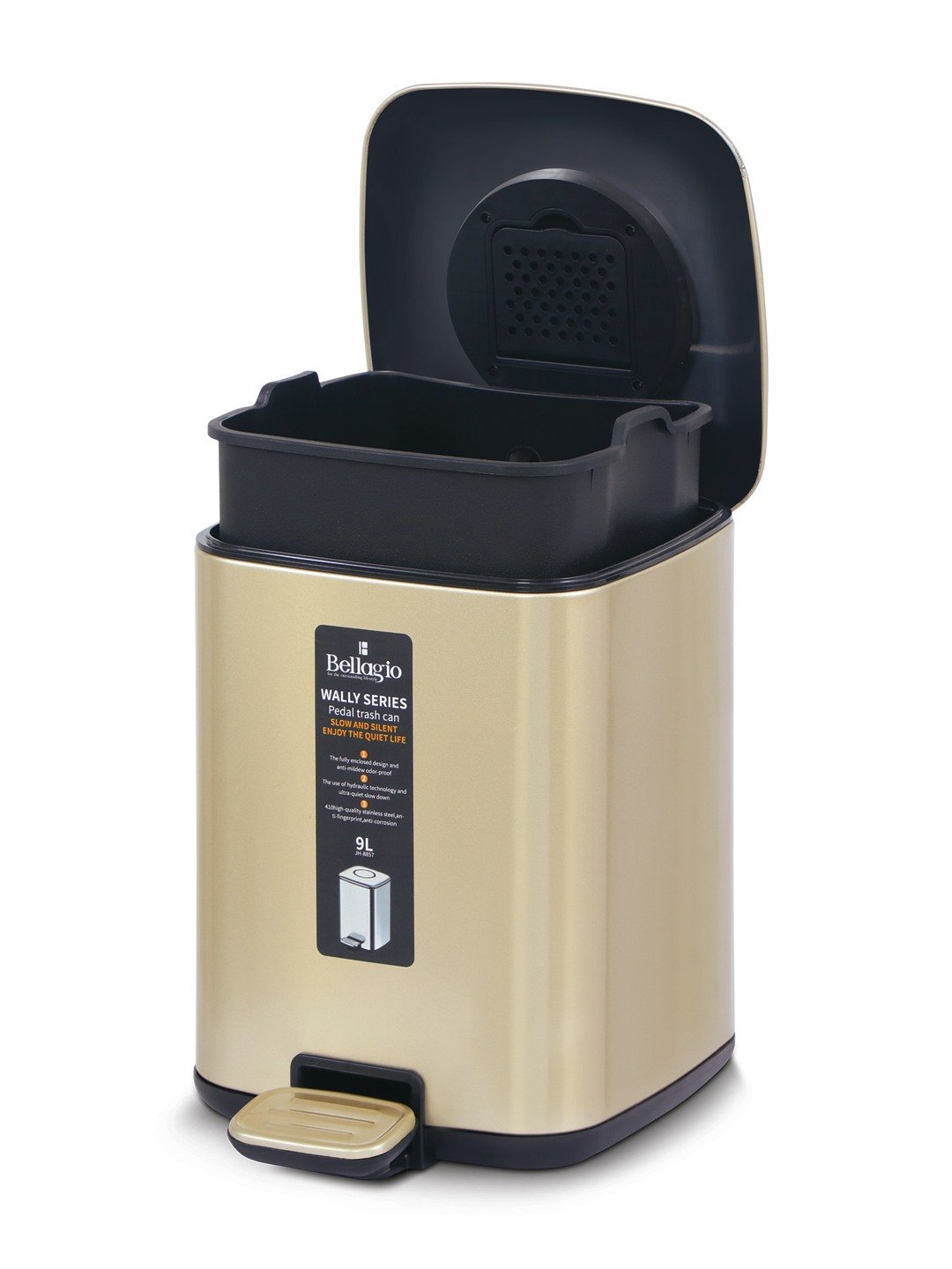 Bellagio Champagne Gold 9L Dustbin 410High-Quality Stainless Steel Pedal Trash Can/DustBin With Plastic Bucket