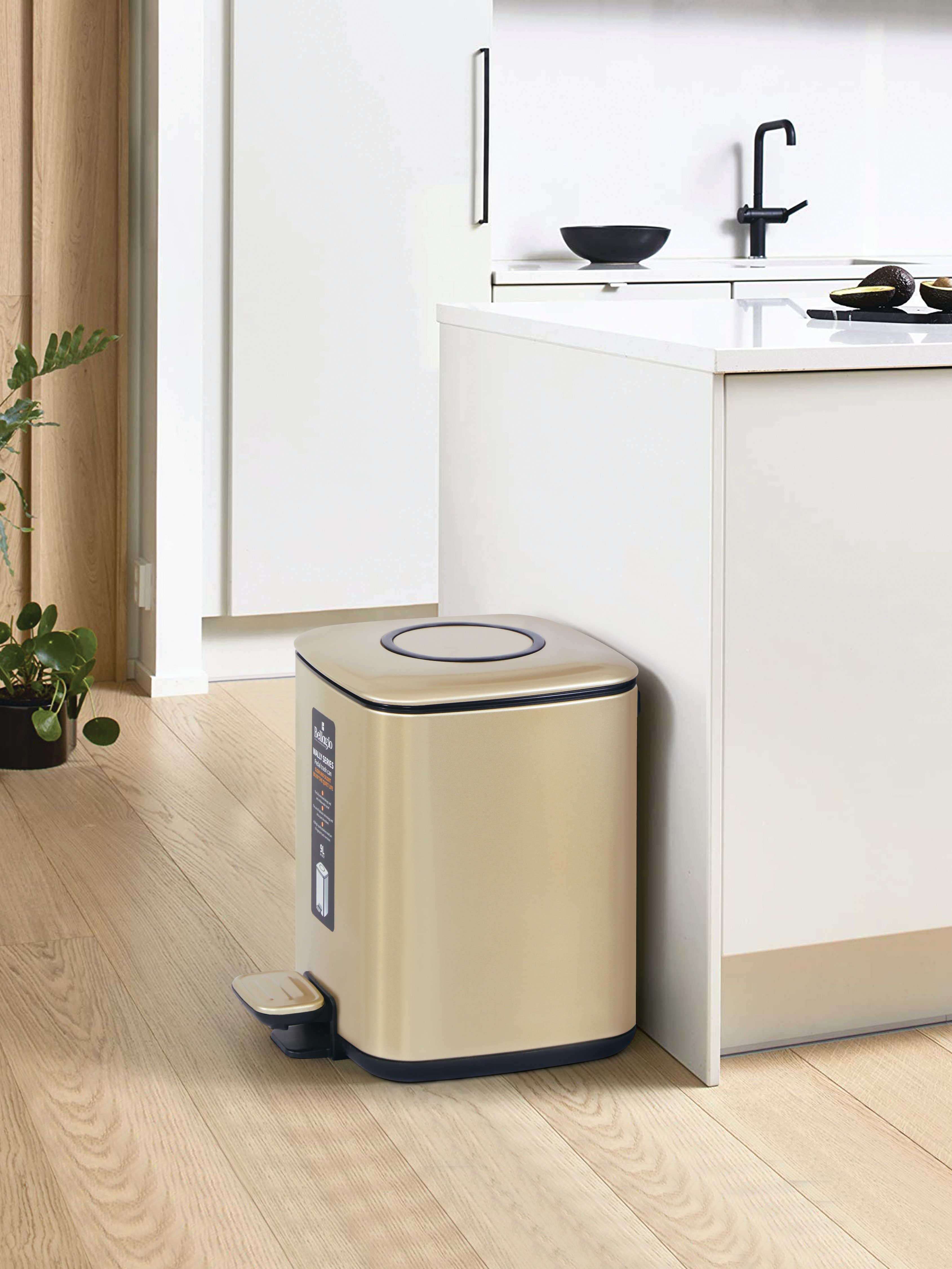 Bellagio Champagne Gold 9L Dustbin 410High-Quality Stainless Steel Pedal Trash Can/DustBin With Plastic Bucket