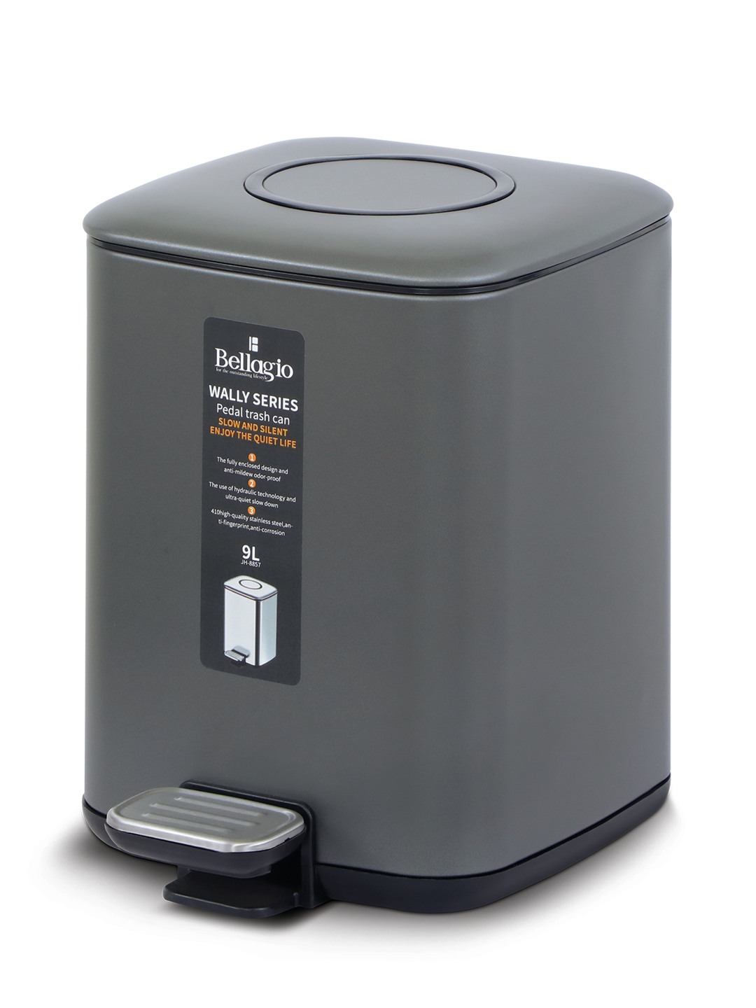 Bellagio Titanium Grey 9L Dustbin 410High-Quality Stainless Steel Pedal Trash Can/DustBin With Plastic Bucket