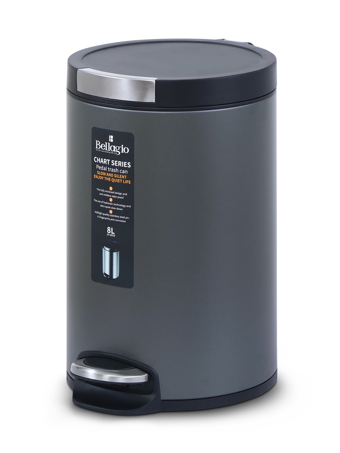 Bellagio Titanium Grey 5L Dustbin 410High-Quality Stainless Steel Pedal Trash Can/DustBin With Plastic Bucket