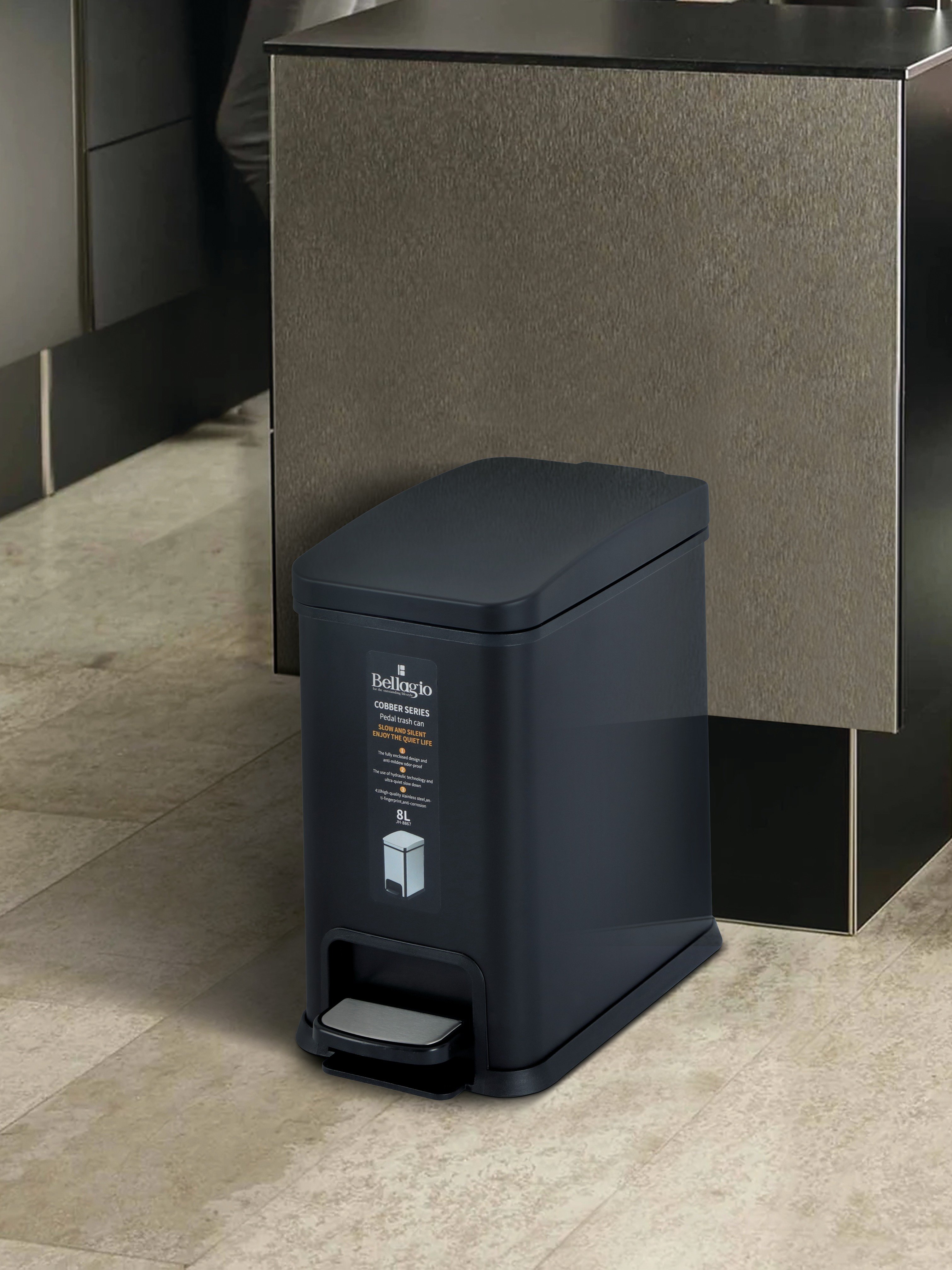 Bellagio Titanium Grey 8L Dustbin 410High-Quality Stainless Steel Pedal Trash Can/DustBin With Plastic Bucket (SLOW AND SILENT ENJOY THE QUIET LIFE)