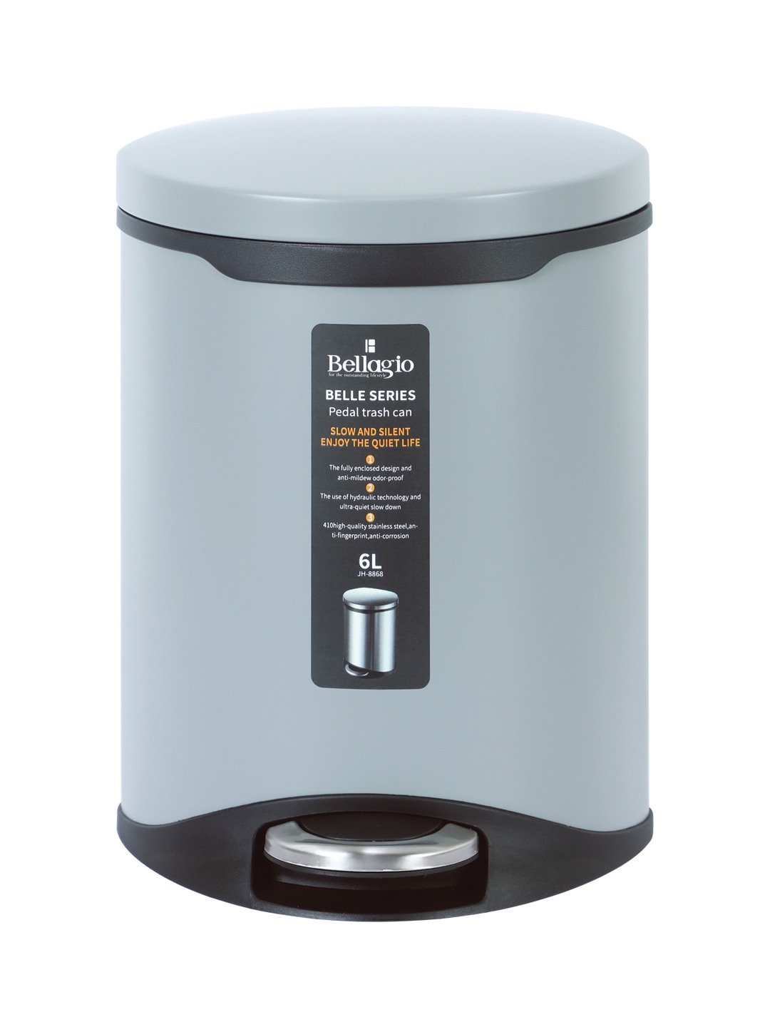 Bellagio Light Grey 6L Dustbin 410High-Quality Stainless Steel Pedal Trash Can/DustBin With Plastic Bucket