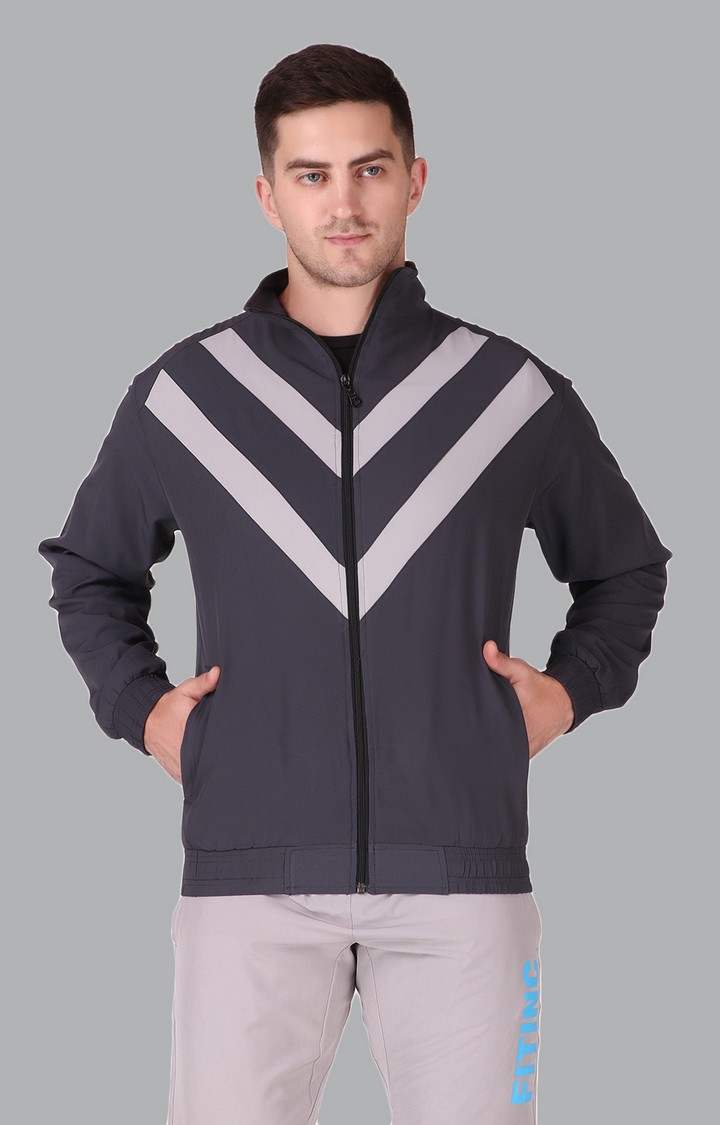 Men's Dark Grey Polycotton Striped Activewear Jackets