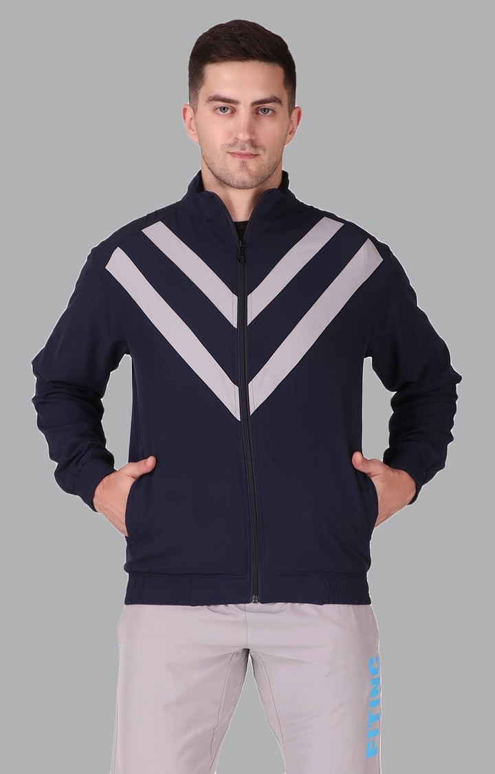 Fitinc | Men's Navy Blue Polycotton Striped Activewear Jackets 0