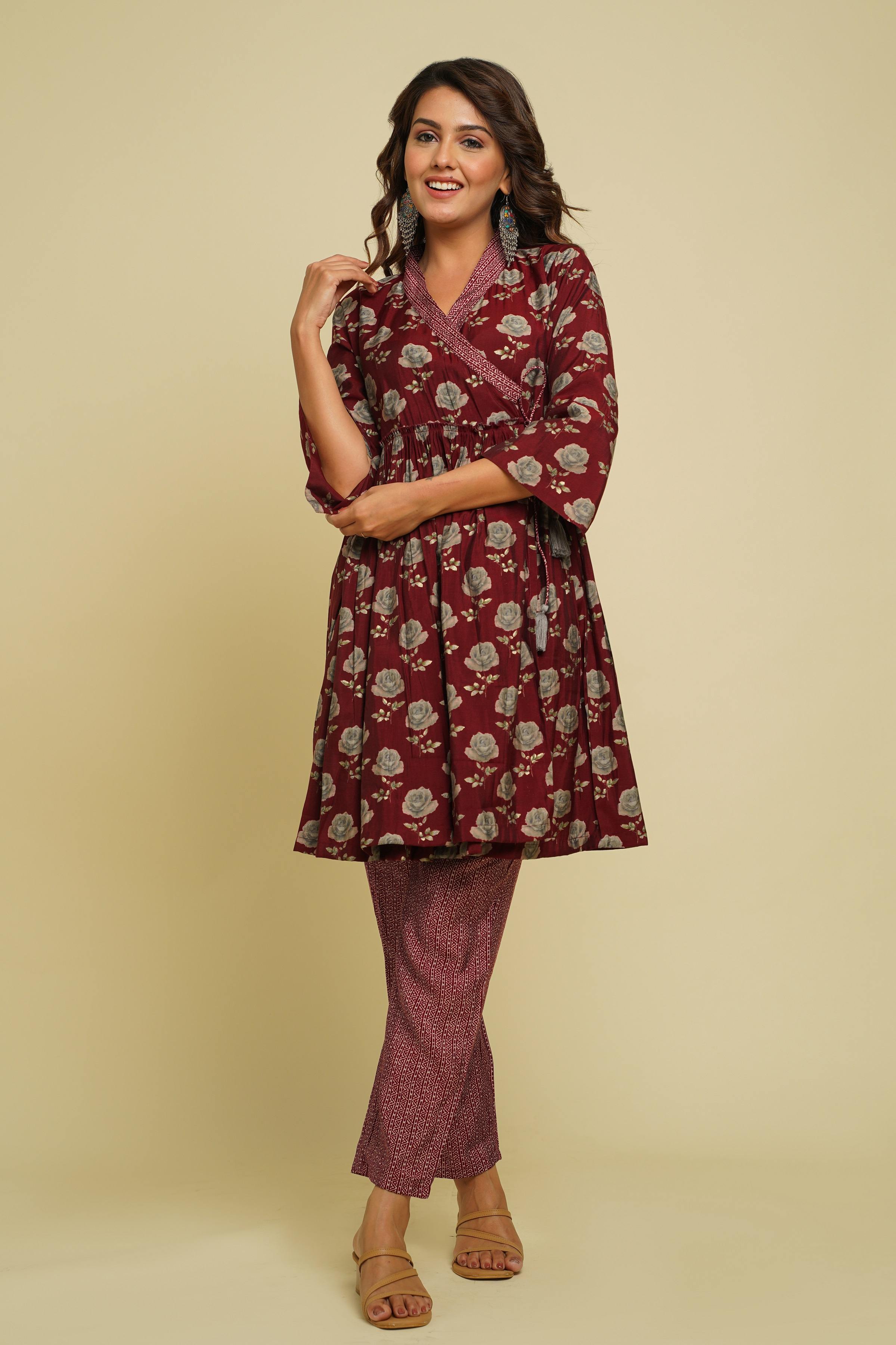 MAROON PRINTED ANGRAKHA C0-ORD SET