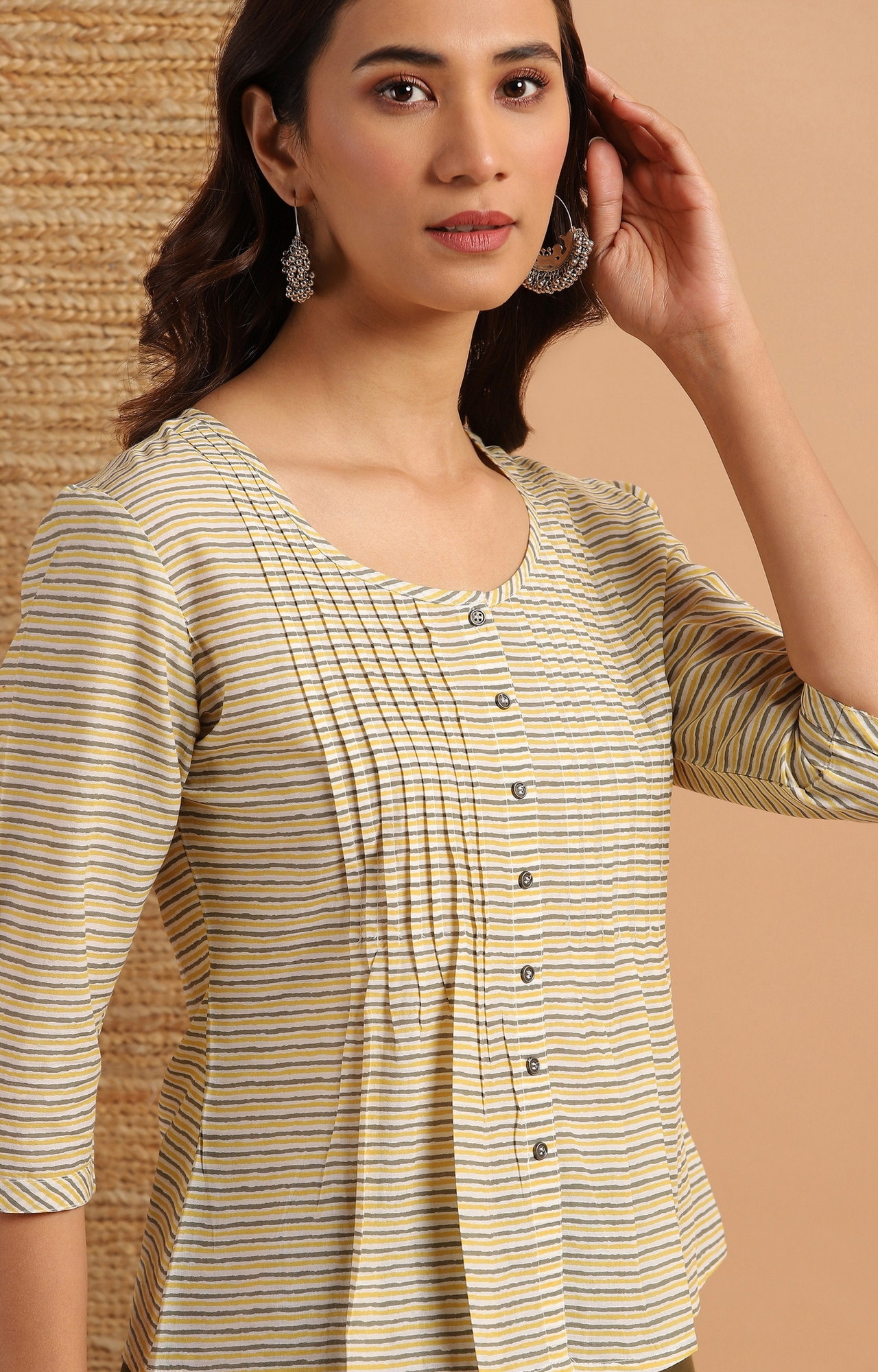 Janasya | Janasya Women's Cream Striped Cotton Top 4