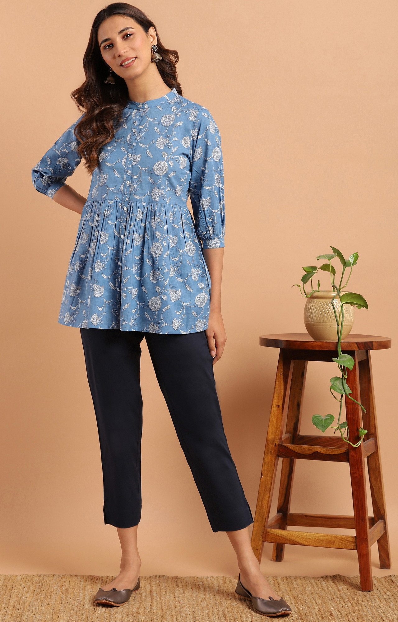Janasya | Janasya Women's Blue Cotton Tunic 3