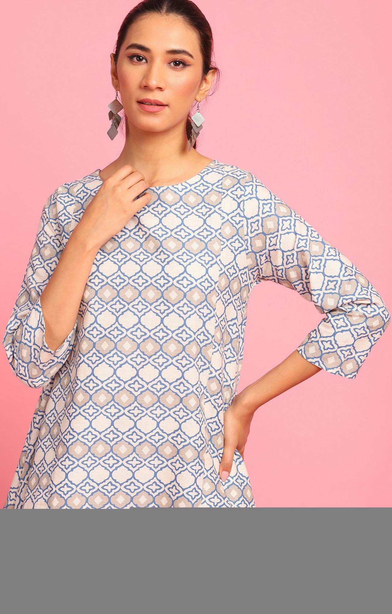 Janasya | Janasya Women's Cream Printed Cotton Flex Western Dress 5