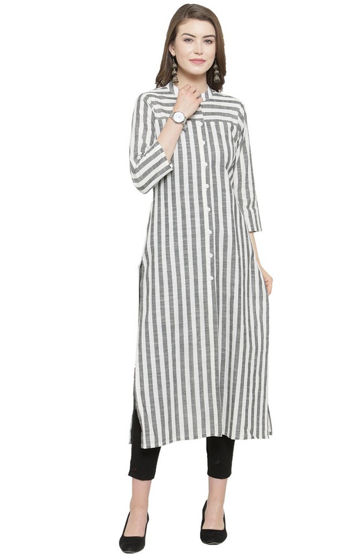 Jompers | Jompers Women Grey & Off-White Striped Straight Kurta 0