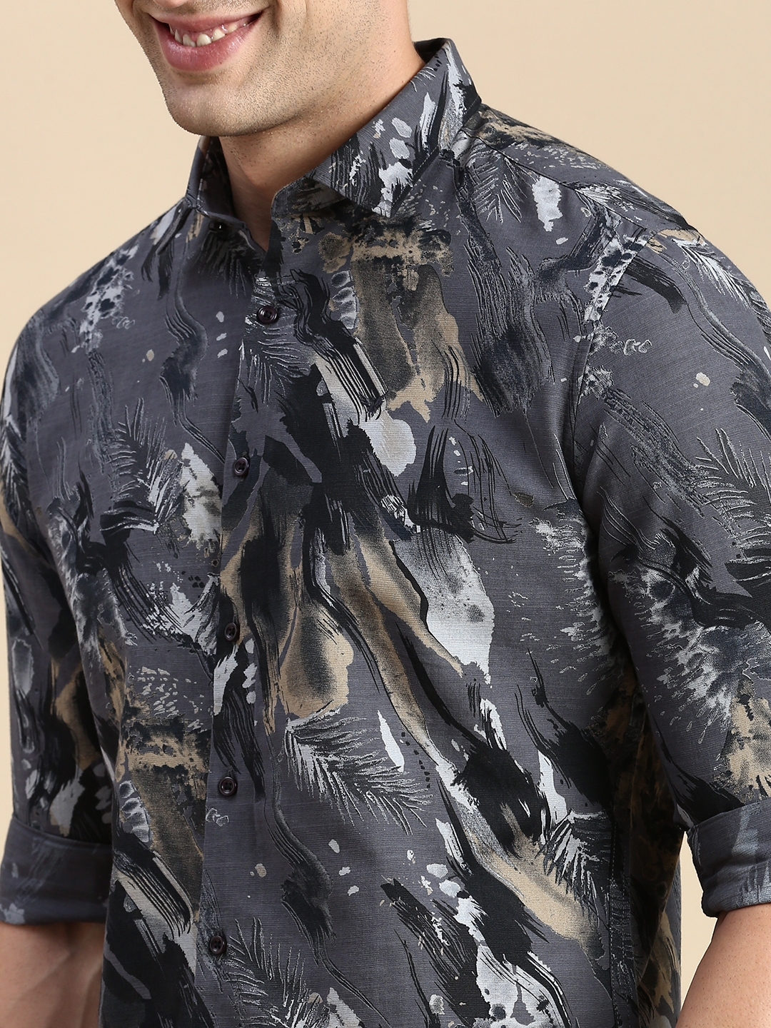 Showoff | SHOWOFF Men's Spread Collar Grey Slim Fit Printed Shirt 5