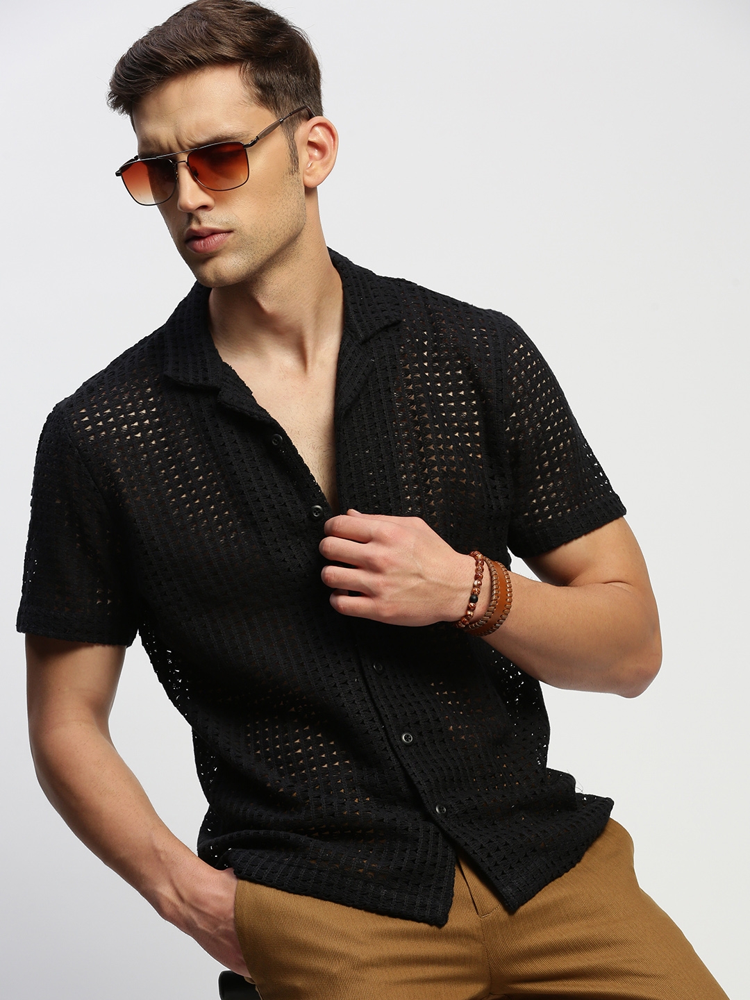 SHOWOFF Men's Short Sleeves Self Design Black Slim Fit Comfort Shirt