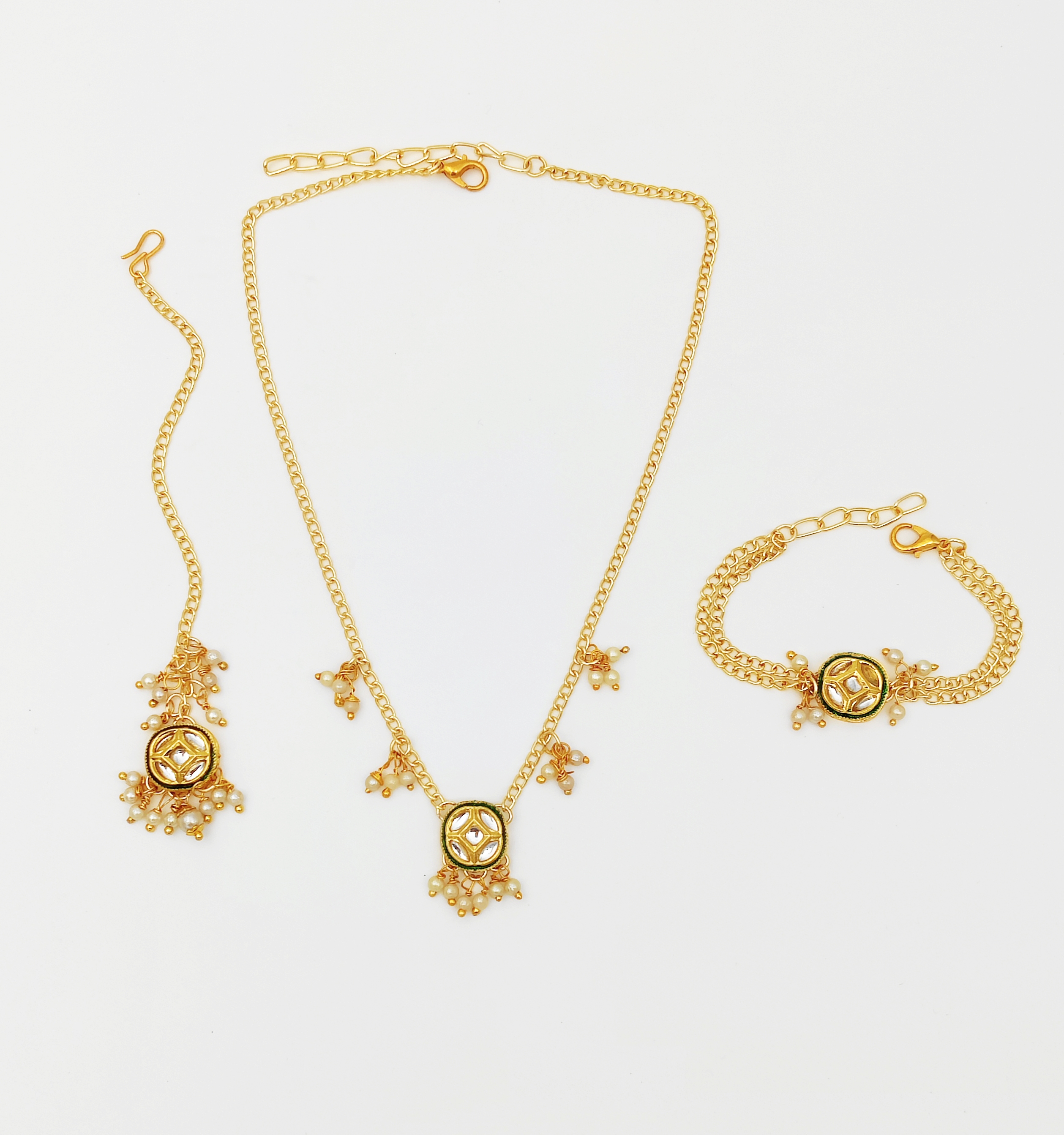 Kundan & Pearl Detailed, Necklace, Bracelet & Maang Teeka Set In White & Gold