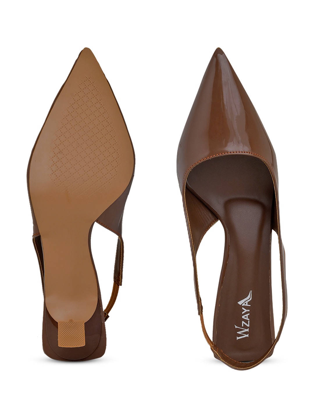 Patent Tan Pointed-Toe Slingback Heels