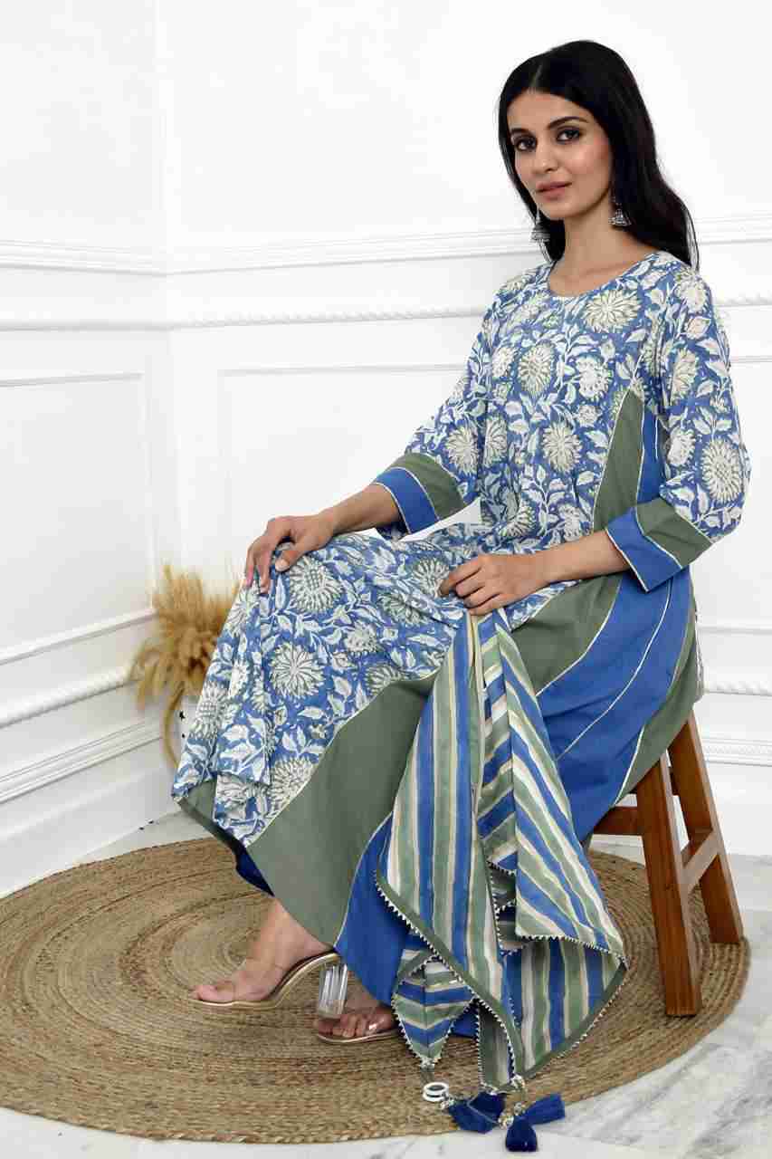 Naksh Green Blue Printed Kalidar Kurta, Pants And Triangular Stole (Set of 3)