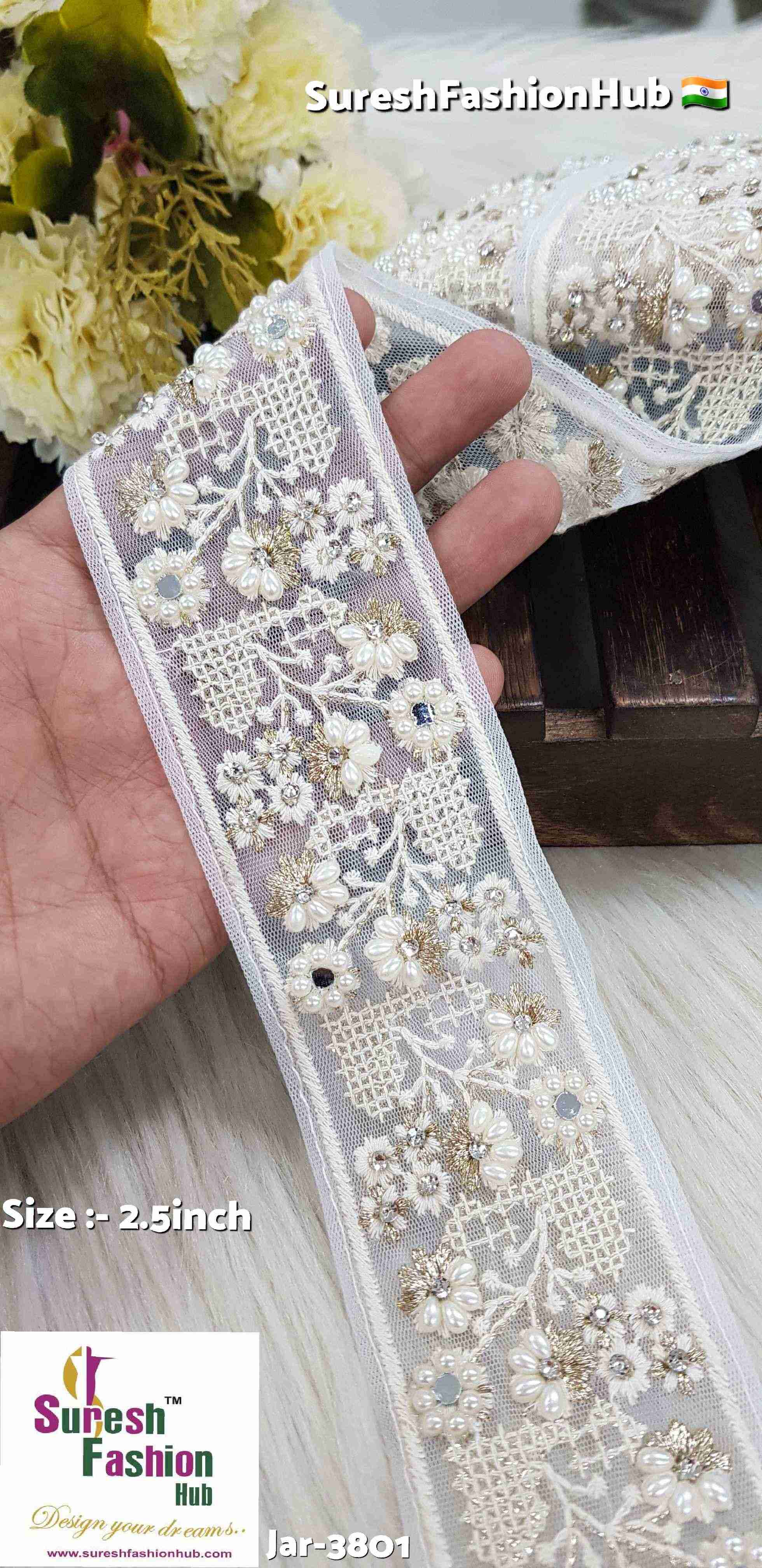 Certainly! Here are some ALT text suggestions that incorporate a variety of keywords to help improve your visibility on Google:  1. "Navratri Banarasi Laces - Traditional Indian Festive Laces" 2. "Golden Silver Banarasi Lace - Elegant Metallic Trims for Garments" 3. "Cutwork Banarasi Laces - Intricate Openwork Designs"