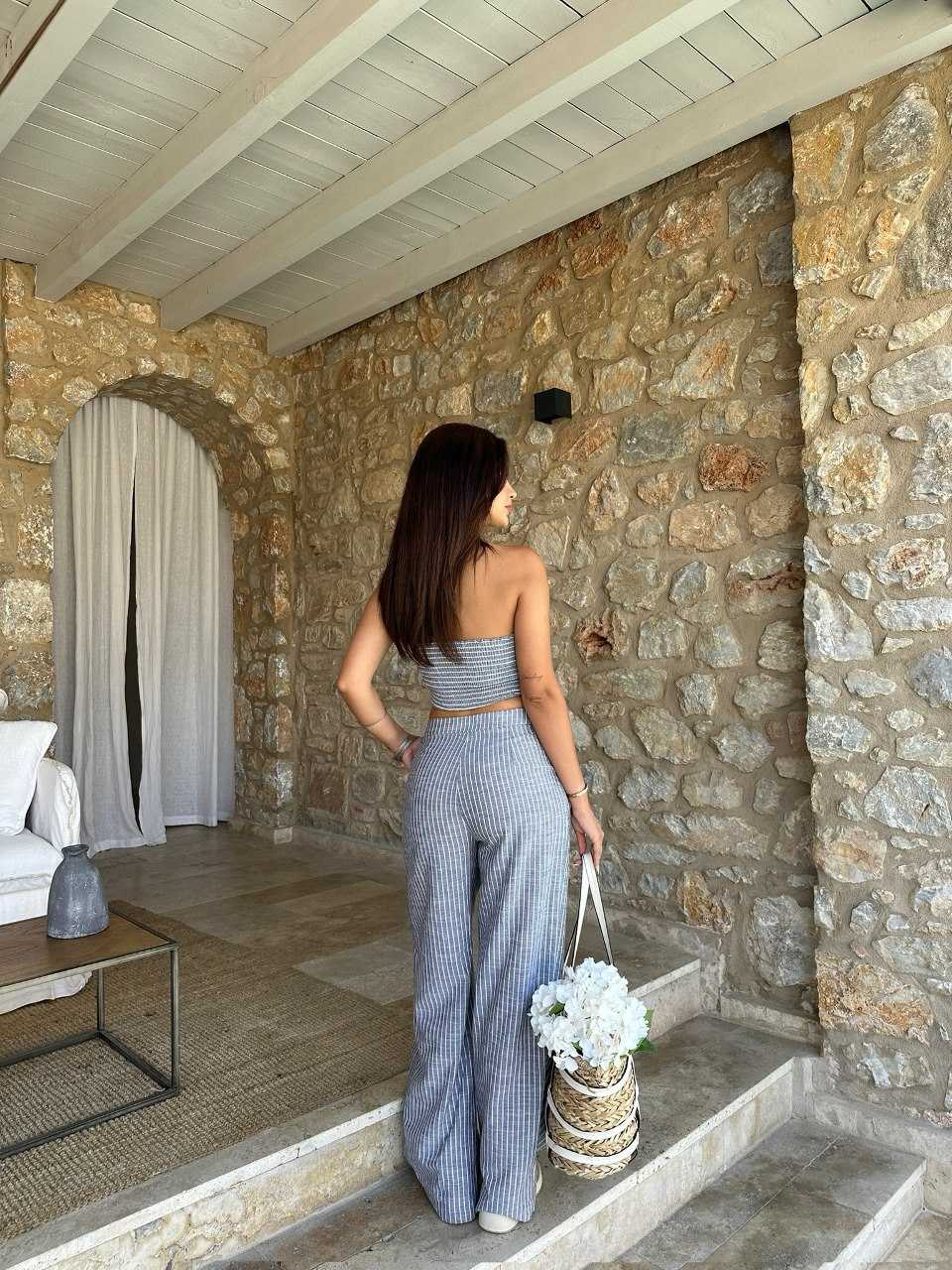 Grey halter neck crop top and pants striped co ord set