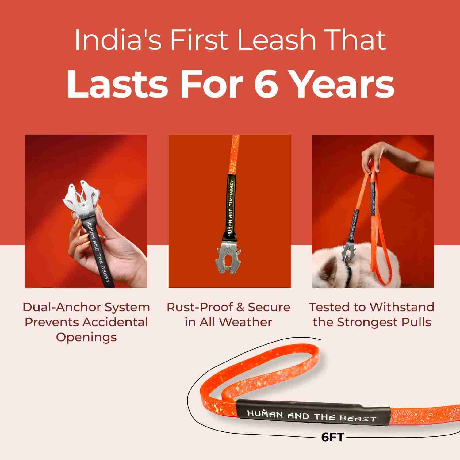 Human and the Beast The Super Leash with 6ft Length (Hunter Orange, Sliver Clip)