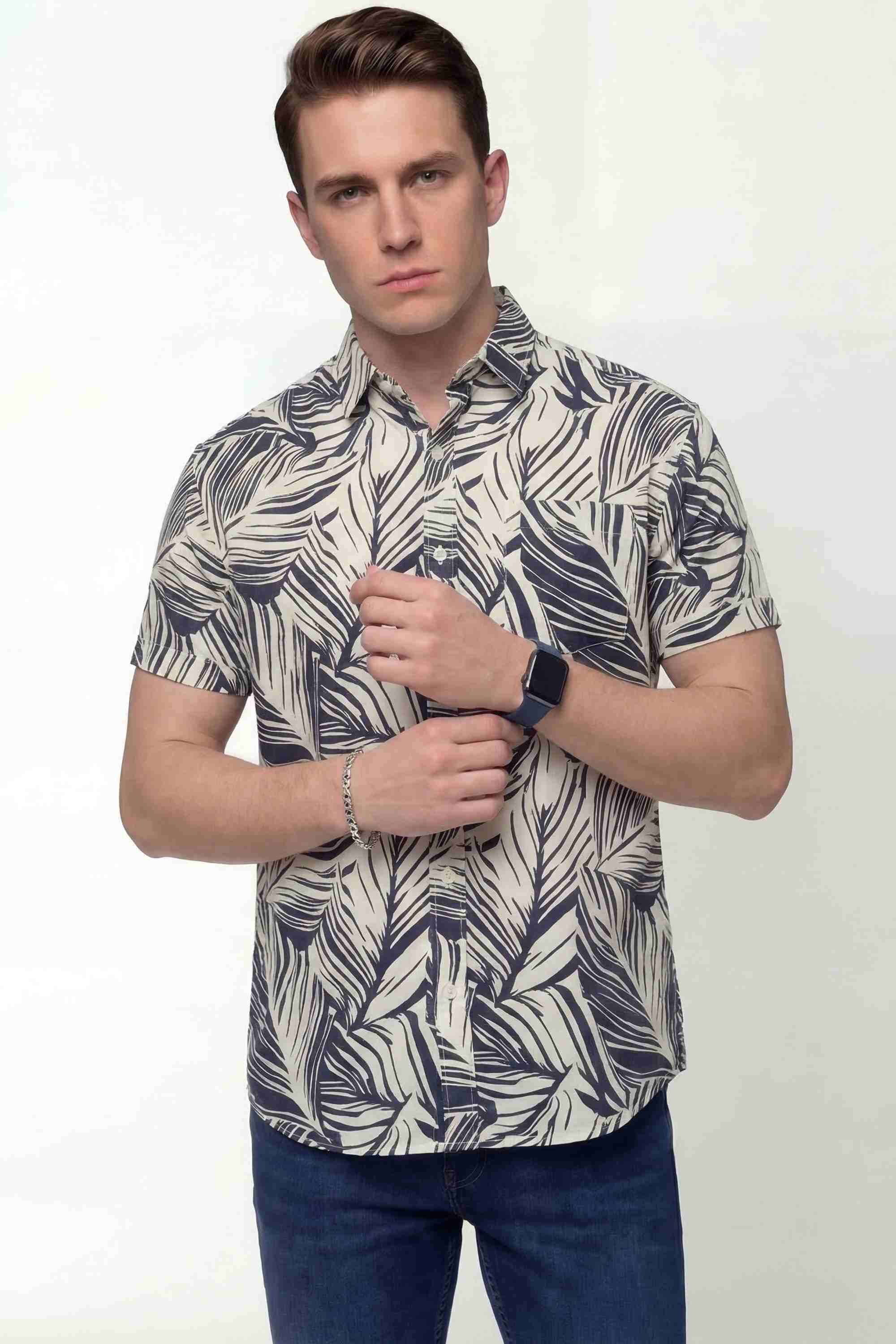 ALBION  BEIGE  AND NAVY    PRINTED SHIRT