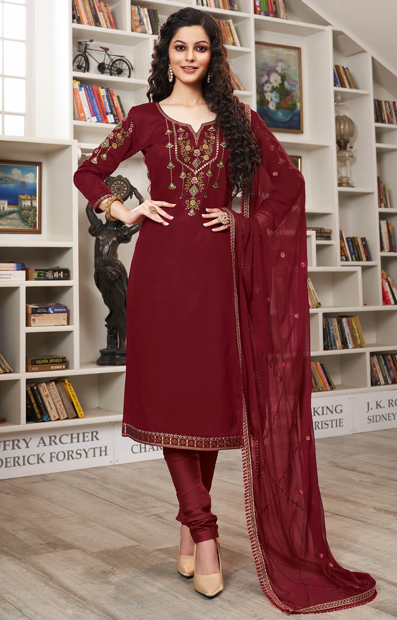 Maroon Color Cotton Embroidered Unstitched Dress Material-FL_PANKHUDI1098_DM