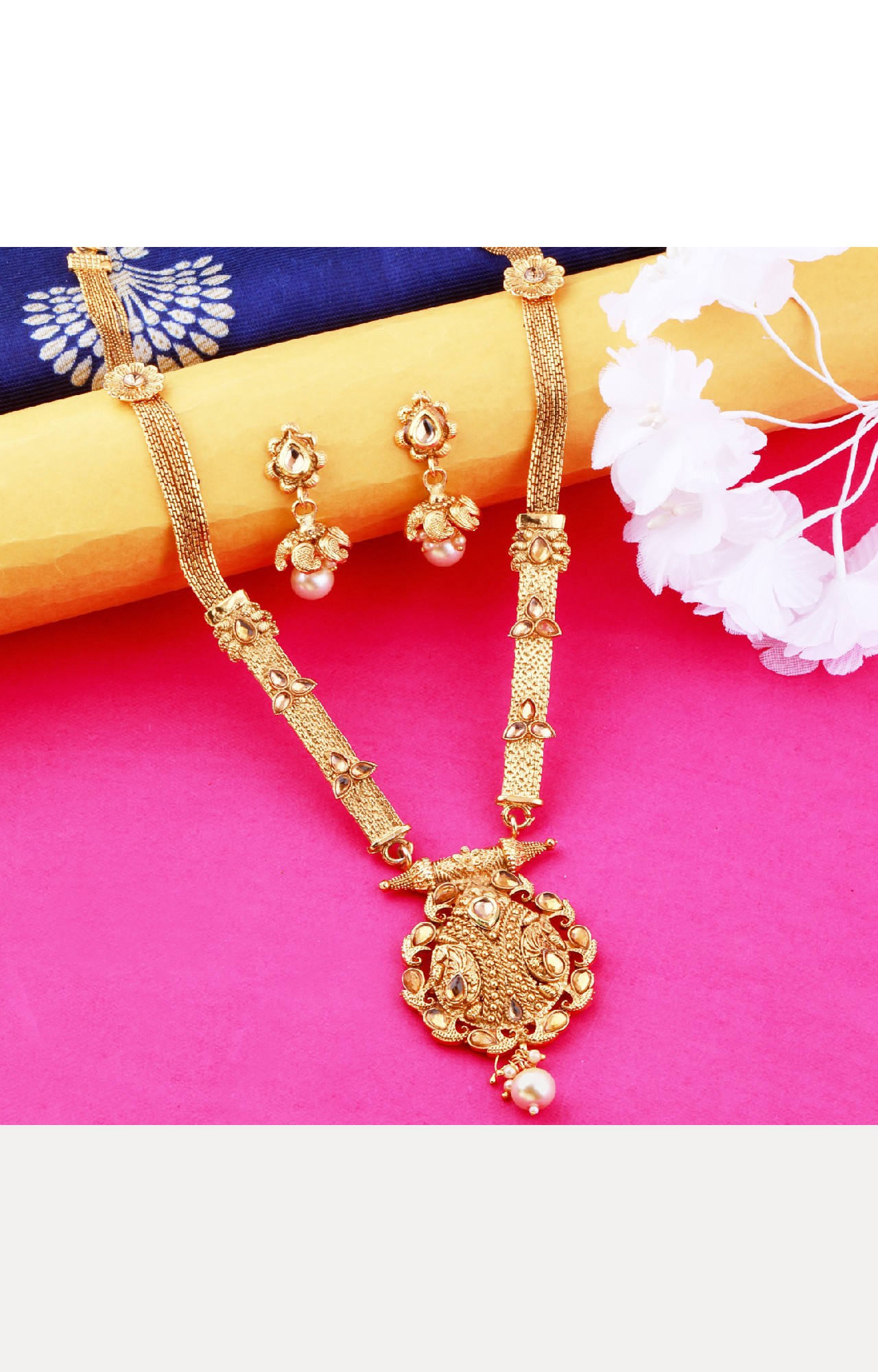 gold plated pearl and stone work brass combo necklace set – diya jewellery  india