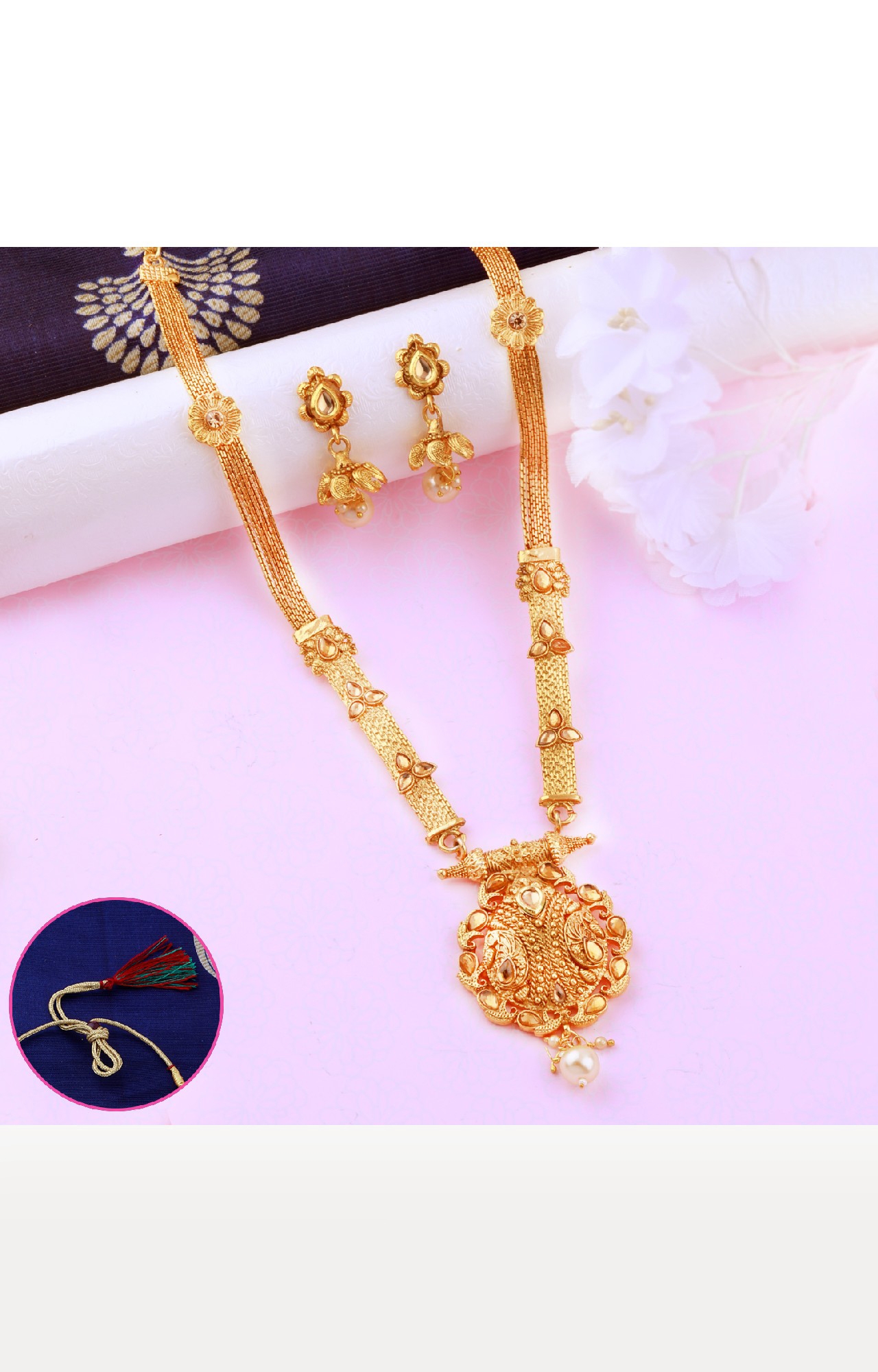 Buy Yellow Chimes Gold-Plated White Beads Drop Designed Bridal Long Necklace  Set Online