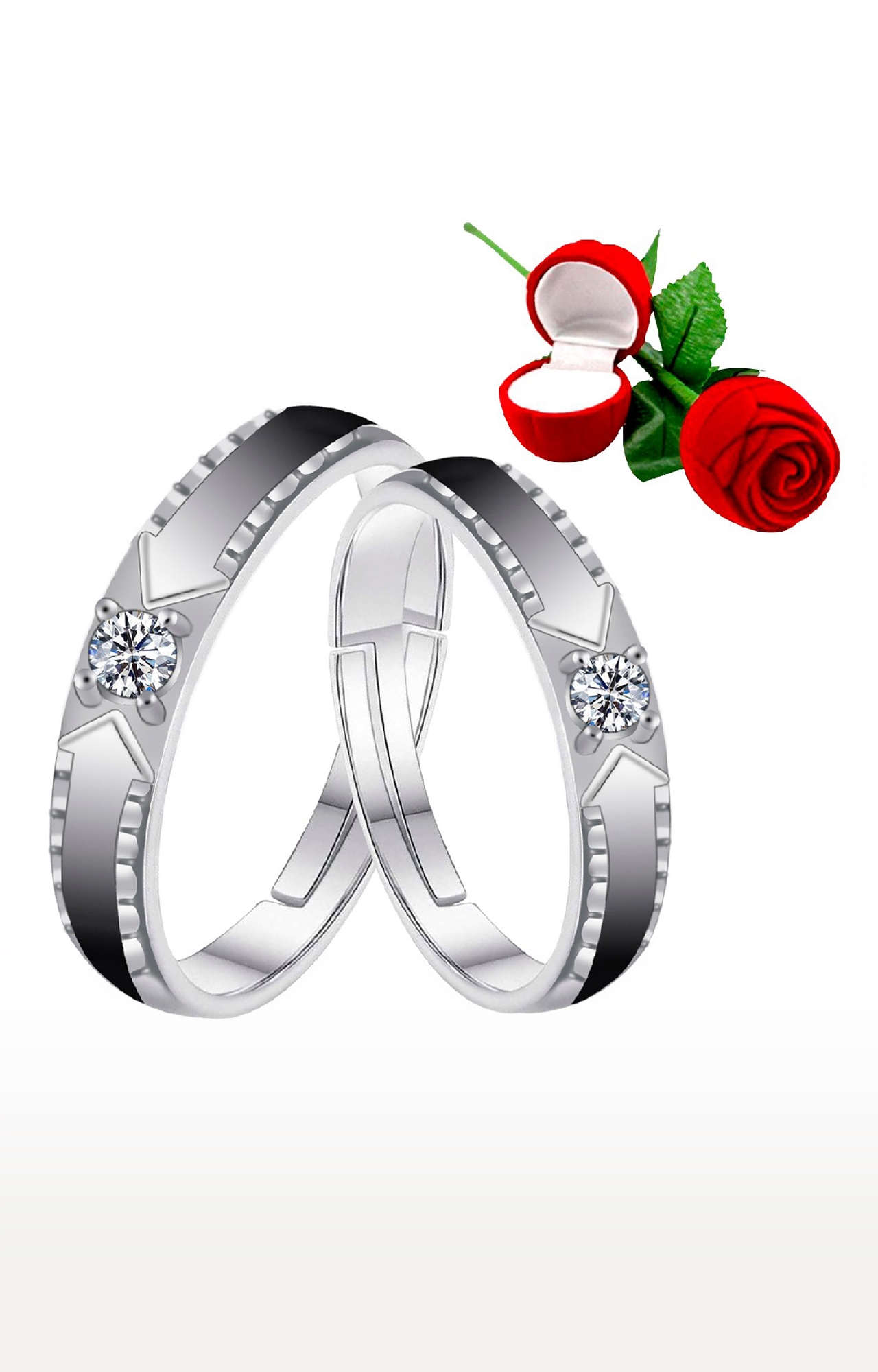 SILVER SHINE |  Silver Plated Adjustable Couple Rings Set for lovers Ring with 1 Piece Red Rose Gift Box for Men and Women 0