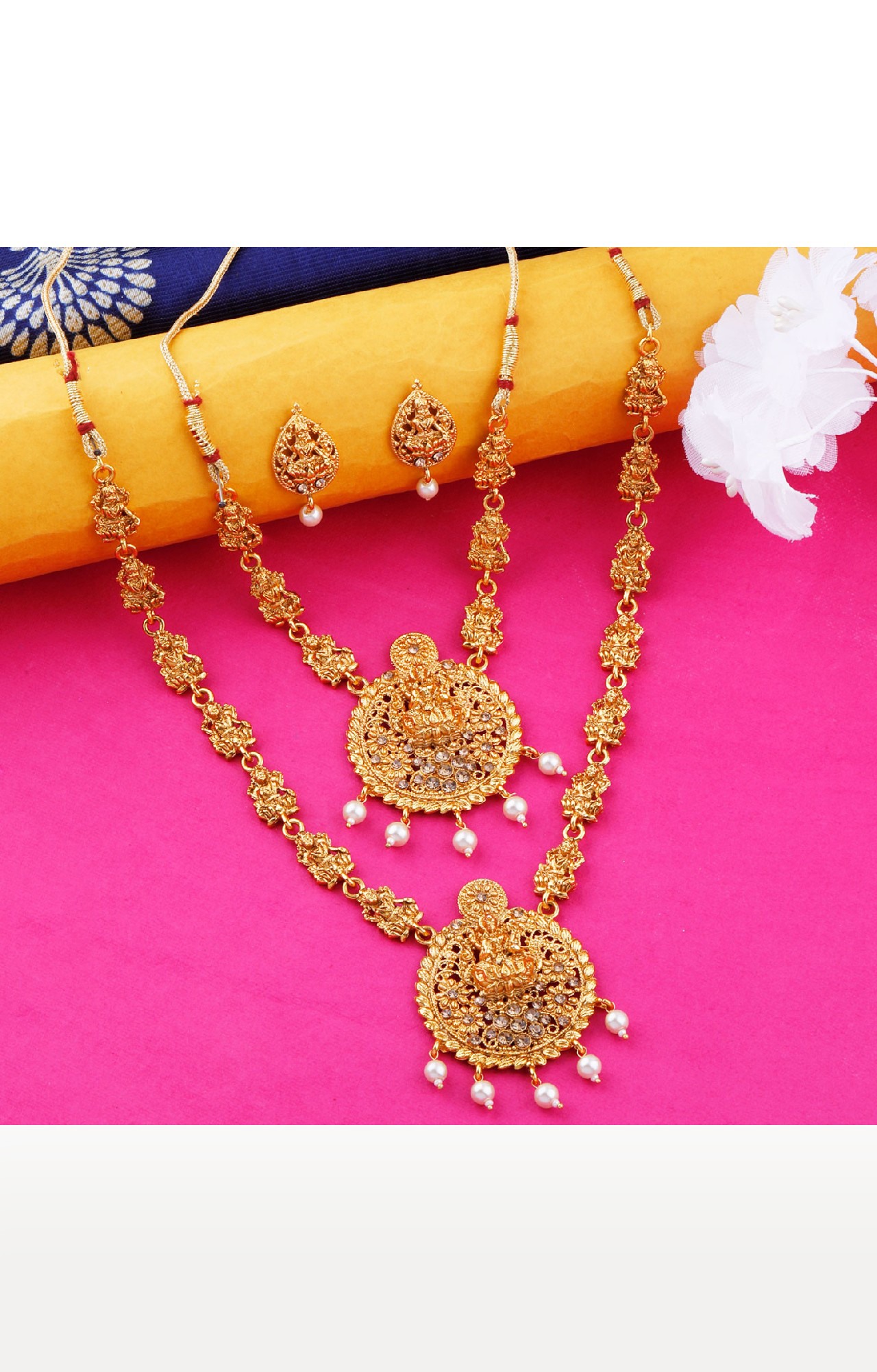 Silver Shine Gold Plated Traditional Latest Designer Temple Long Lakshmi Necklace Set Jewellery For Women Girl 