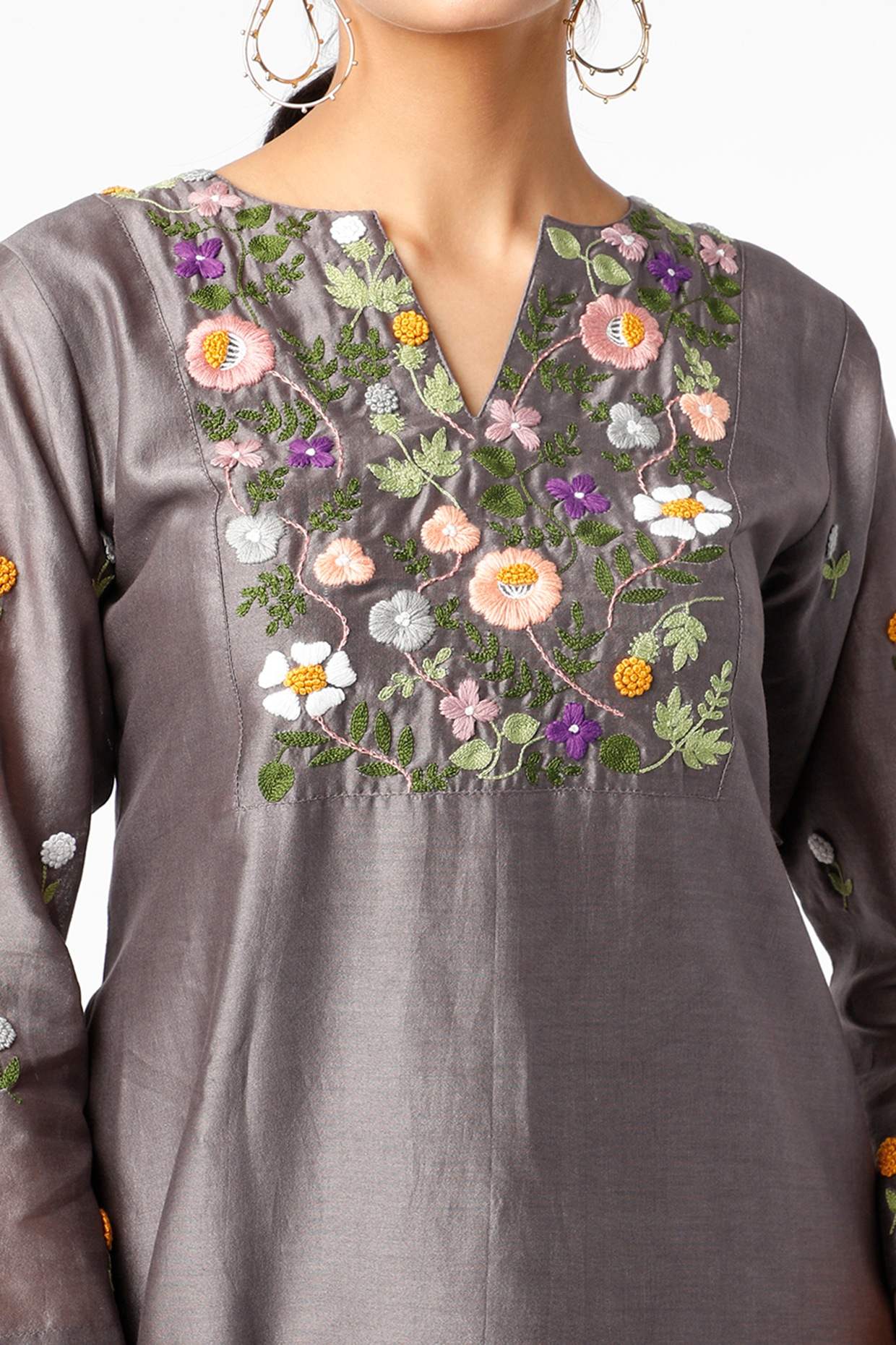 Grey Embroidered Assymetric Tunic Dress