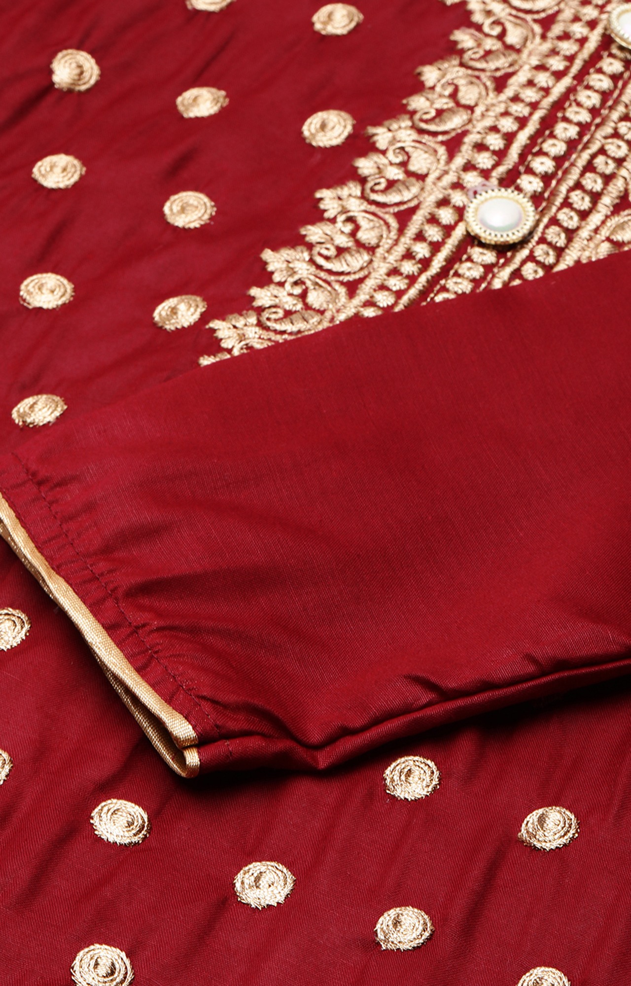 Shaily Women Maroon Color Cotton Embroidered With Tessels Unstitched Dress Material-VF_JALGALU_MRON_DM