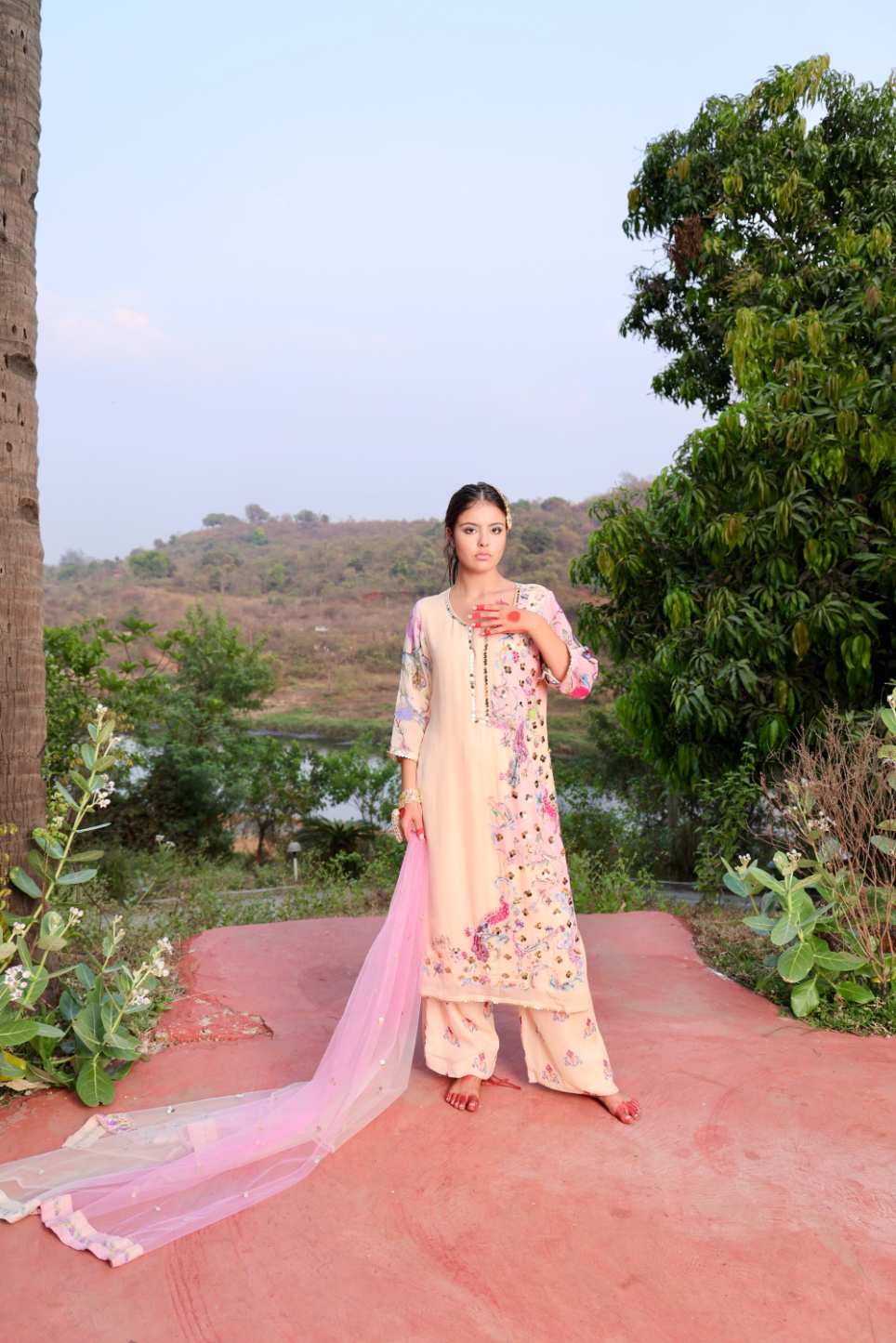 Shaded appliqué hand embroidered kurta with palazzo and dupatta