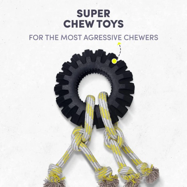 Barkbutler x Fofos Extremely Durable Tire & Rope Dog Chew Toy, Black