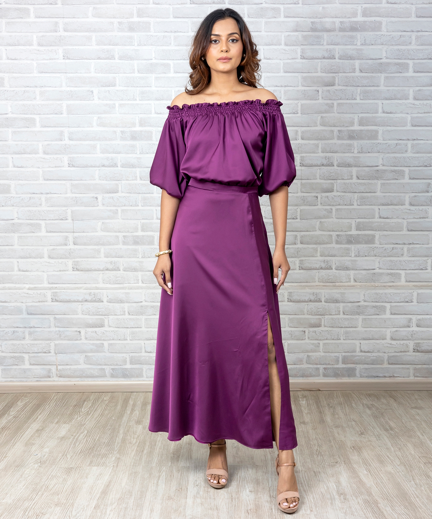 Vara Off Shoulder Slit Dress (Purple)