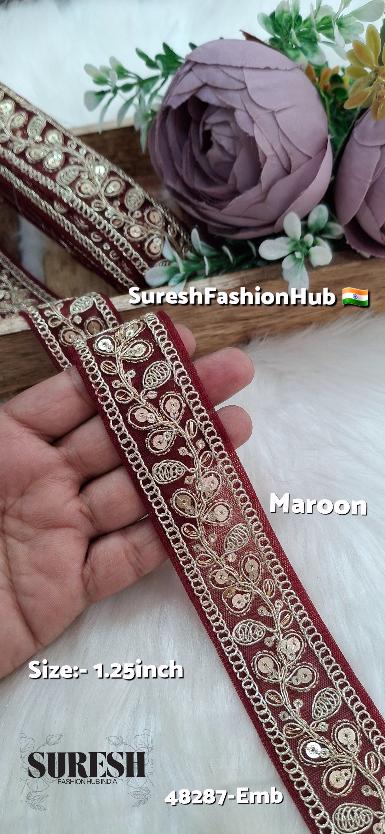 Maroon Pearl Dori Zari Embroidery Border Lace