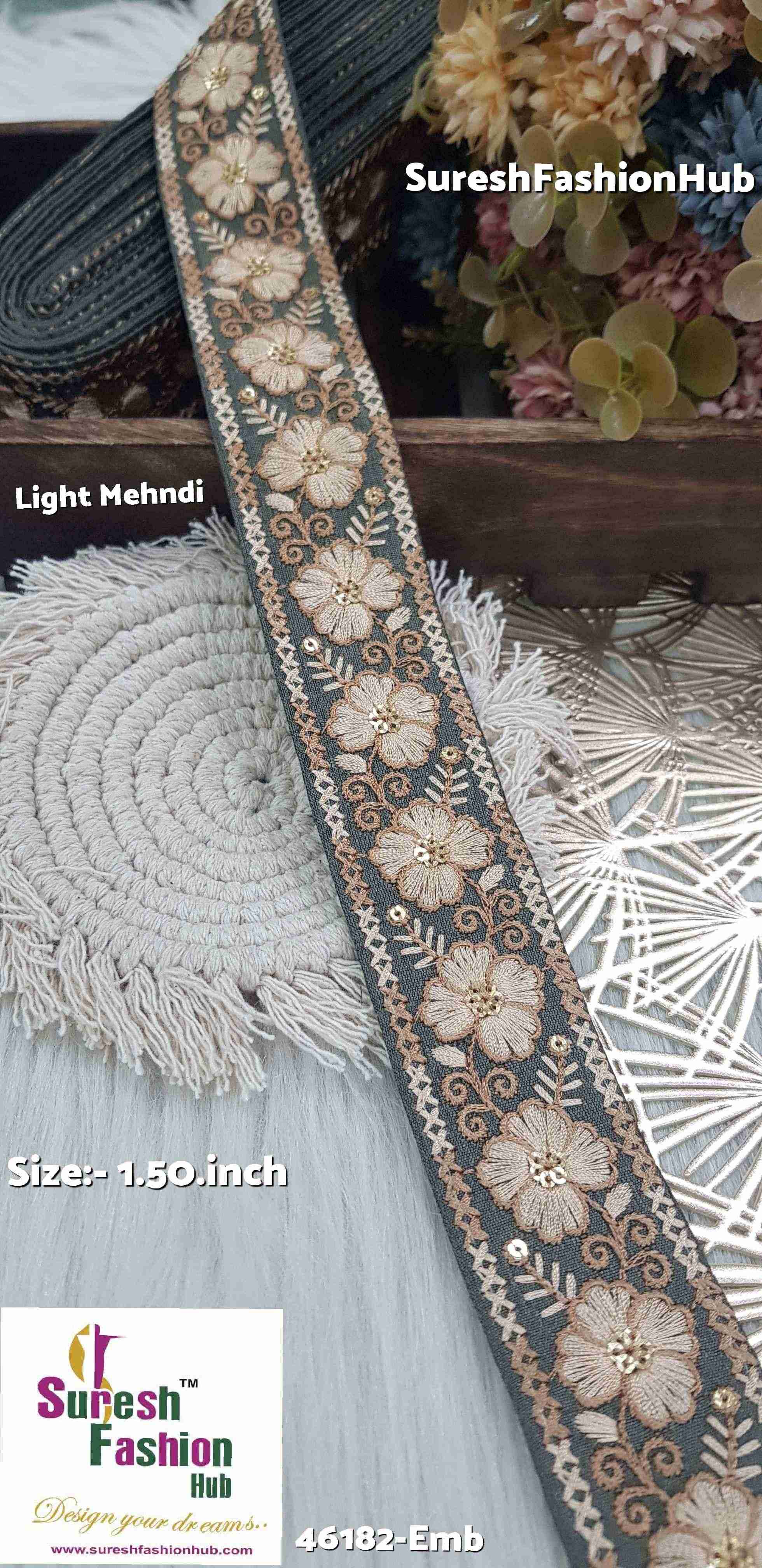 Jute-Colored Thread Light-MehndiEmbroidered Lace Fabric