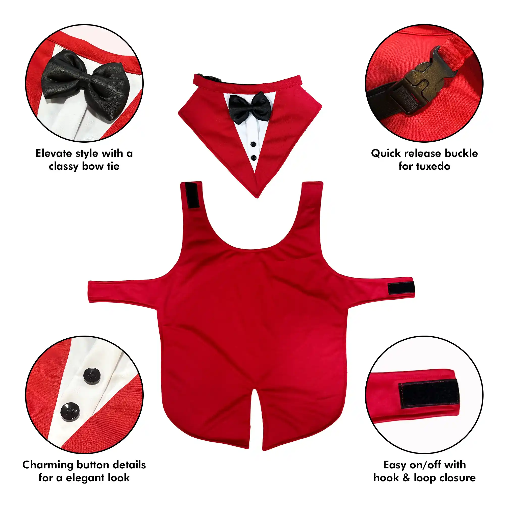 PawsIndia Red & White Tuxedo Suit, Red Carpet Ready