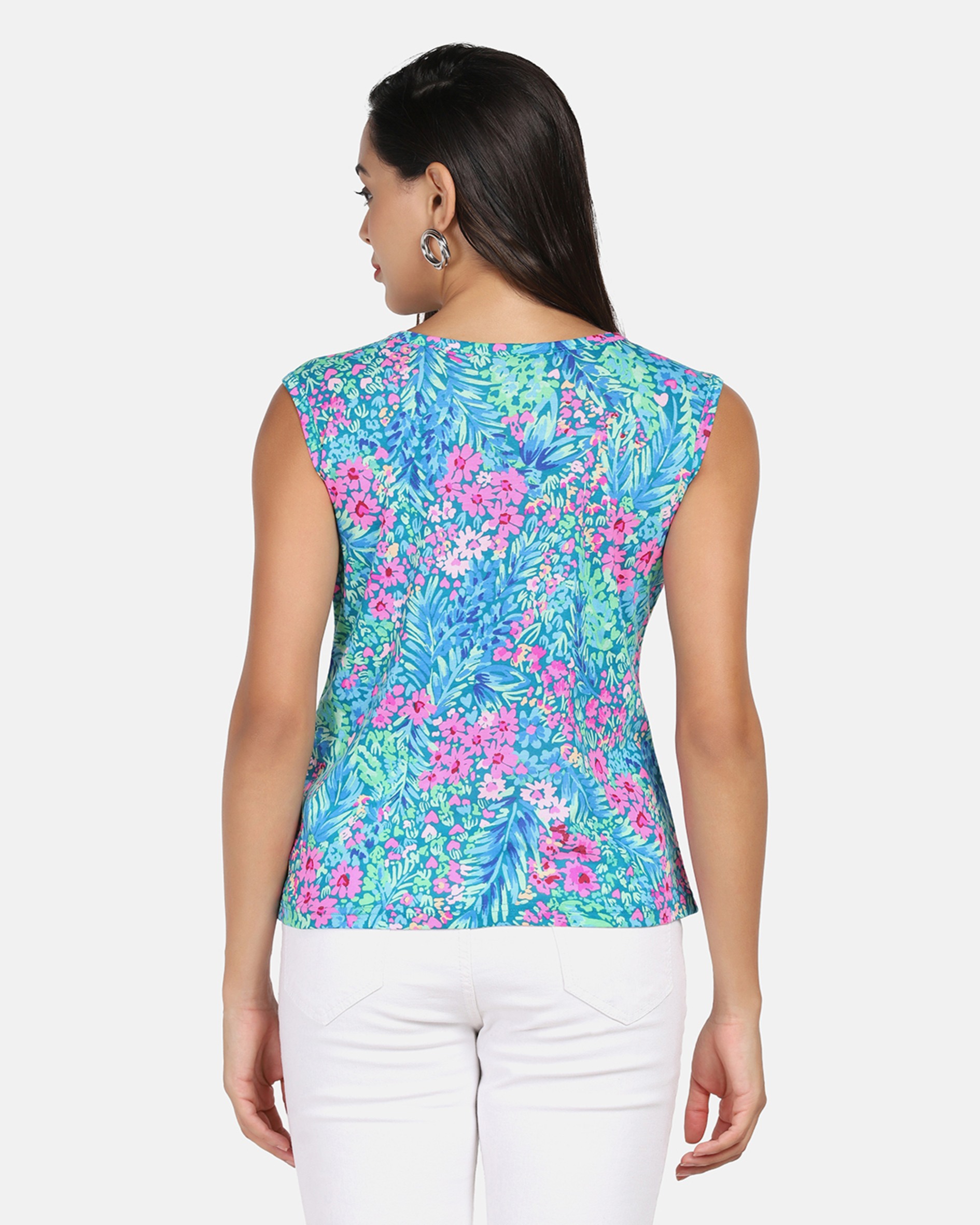 Abstract Printed Supima Cotton Sky Blue & Pink Top