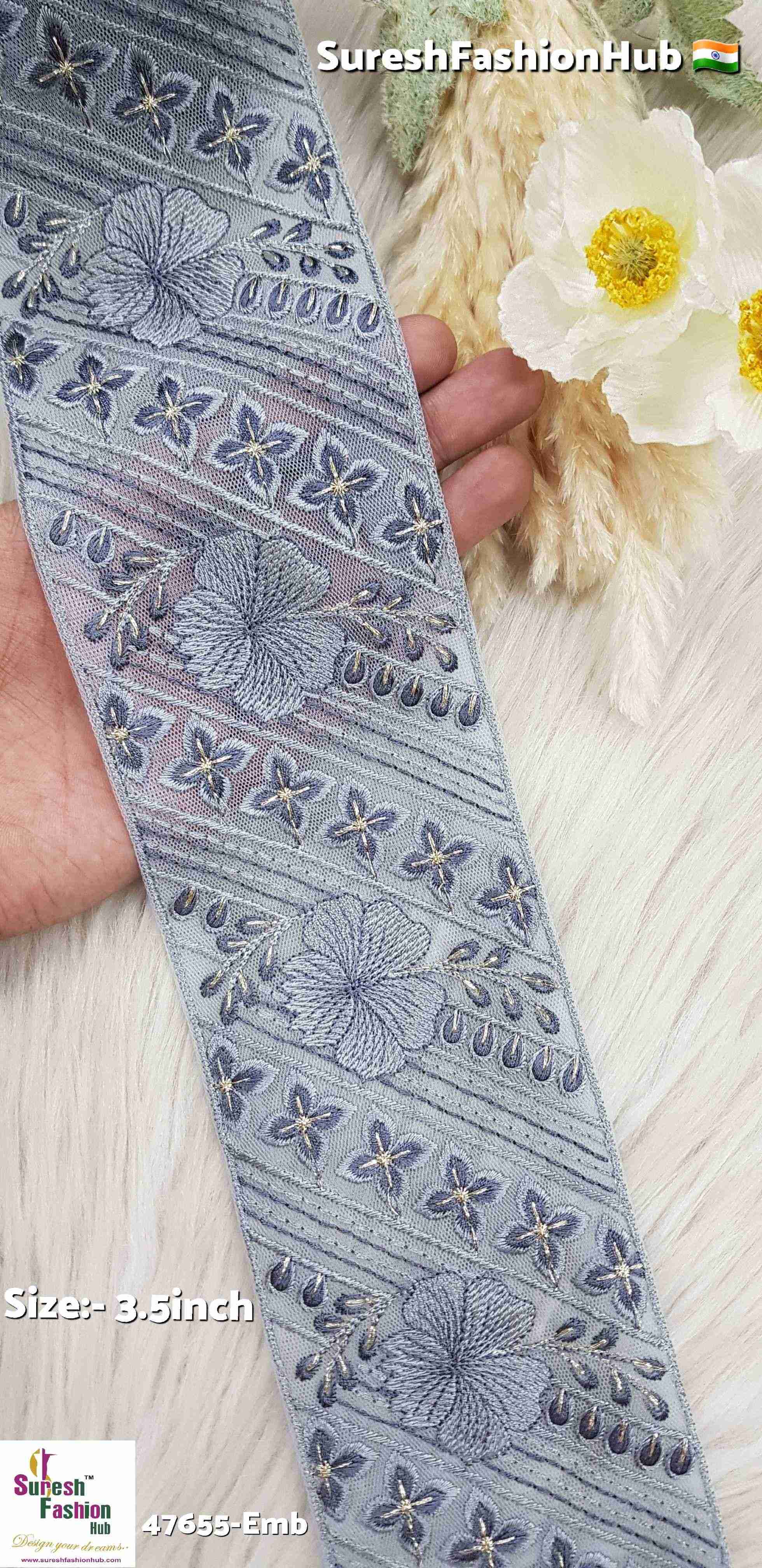 Grey Golden Bloom Geometric Embroidery Lace