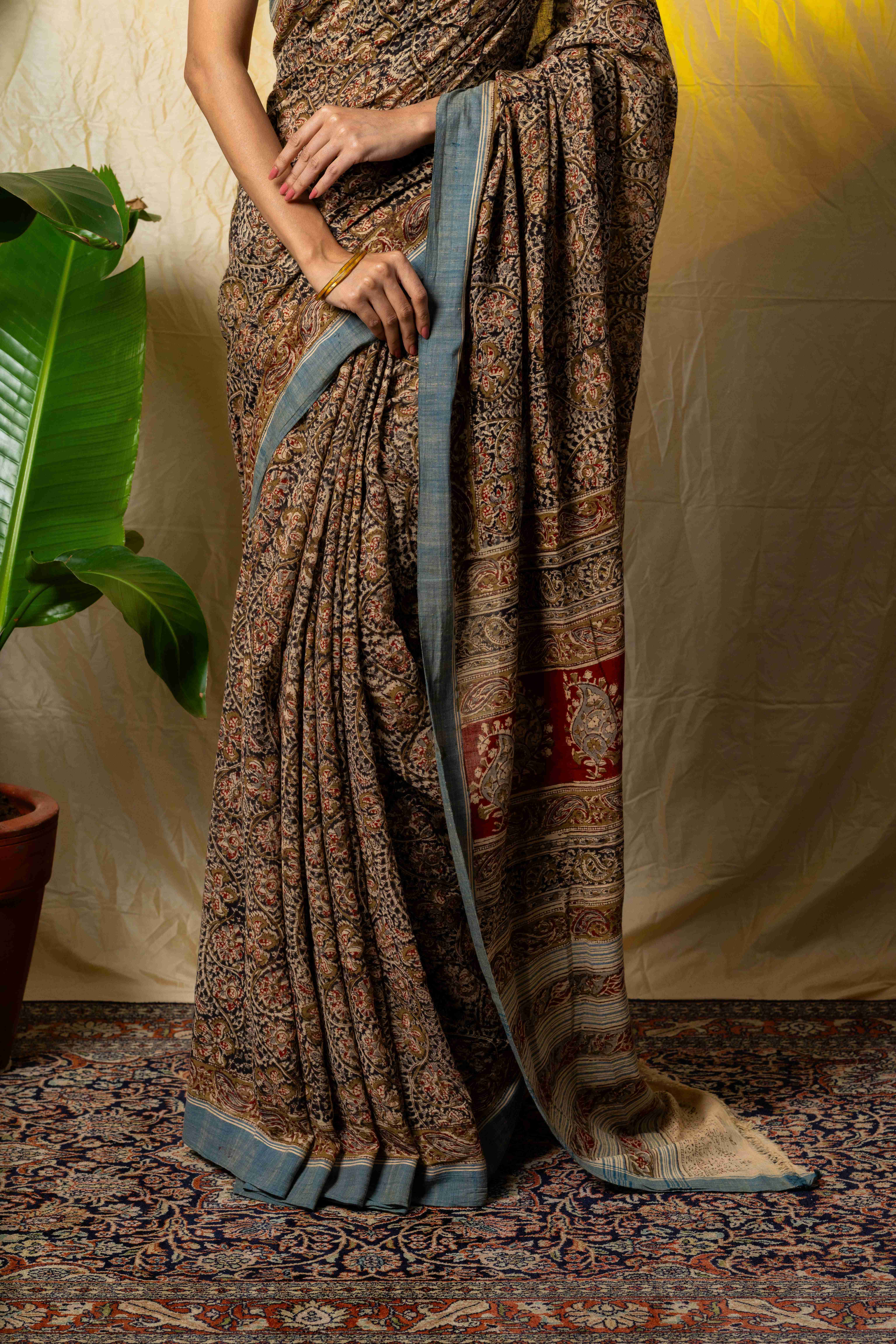 Green Handblock Printed Kalamkari Cotton Saree