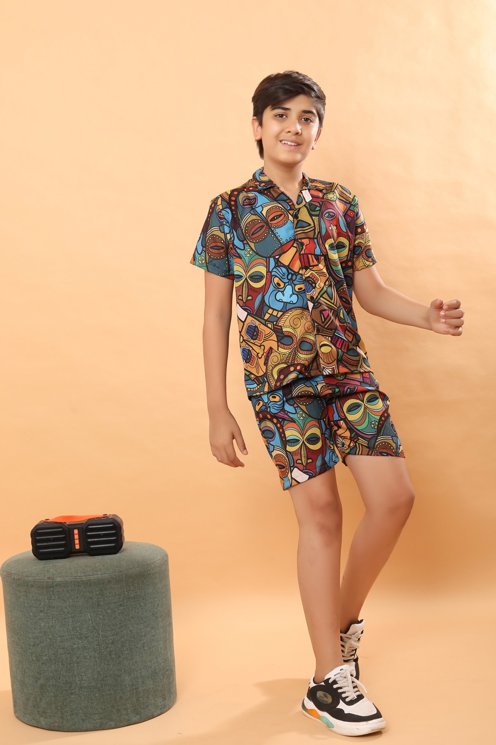Ninos Dreams Boys Cotton Linen Rayon Halfsleeves Coord Set with Shirt & Shorts Vodoo Print- Brown