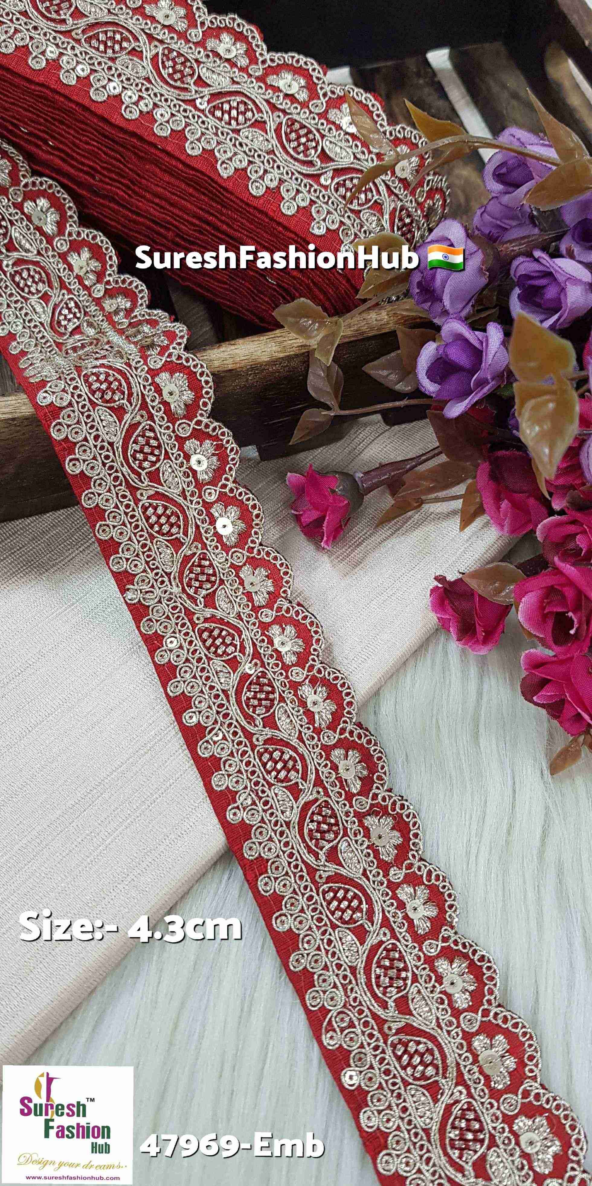 Maroon Pearl Blossom Scallop Embroidery Lace