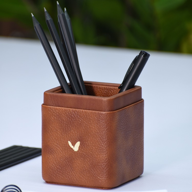 Pen/Pencil Holder | Faux Leather | Square Small | Classic | Tan