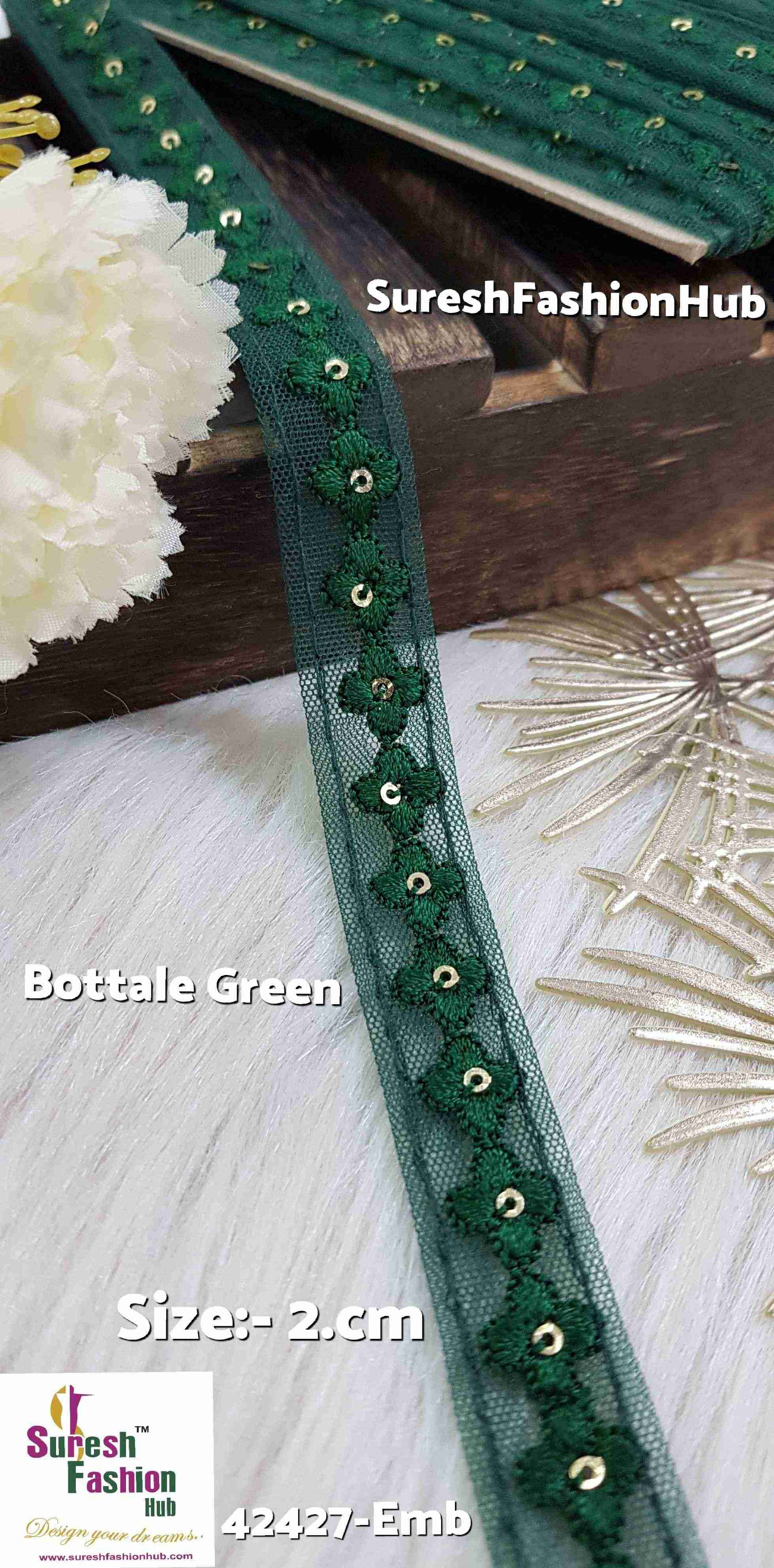 Bottle Green Floral Sequin Lace Trim